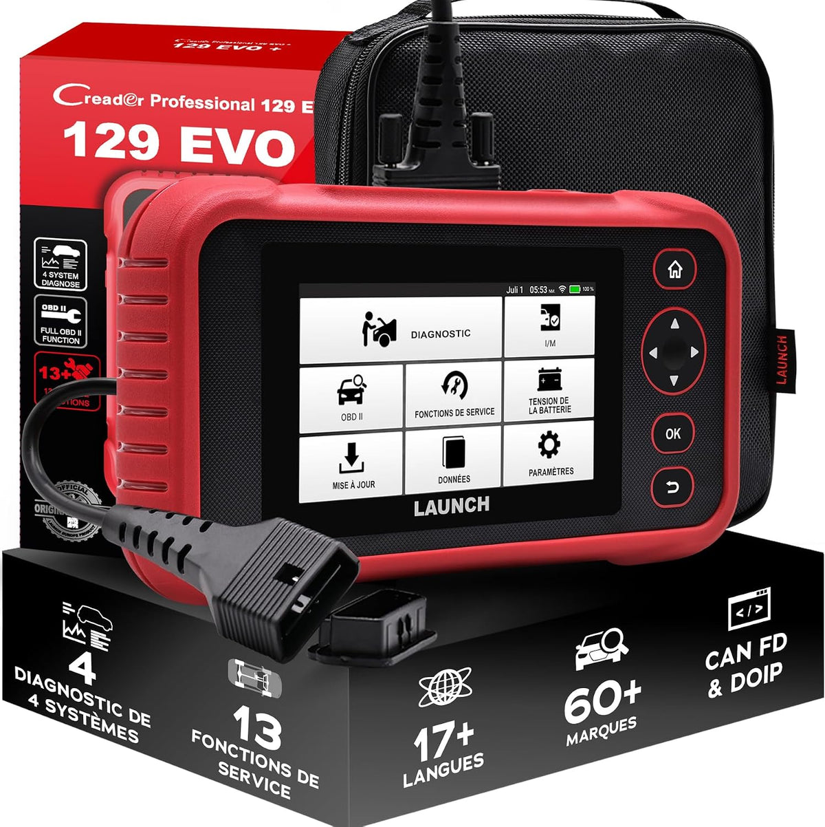 LAUNCH Outils diagnostics pour système de moteur OBD-II, Noir/Rouge, LANUCH CRP 129 Evo+ V3 Valise Diagnostic Auto Français 4 Système 13 Service