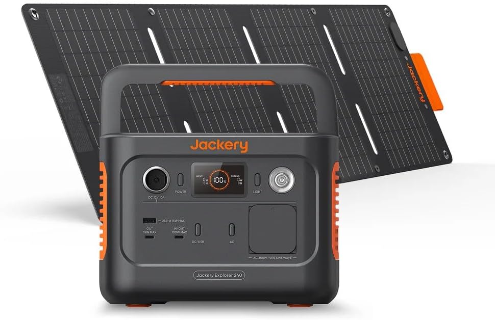 Jackery groupe électrogène, 40 W, 256 Wh, 300 W, 100 W, Noir/Gris, Explorer 240 V2 Générateur Électrique Solaire Portable avec Panneau Solaire