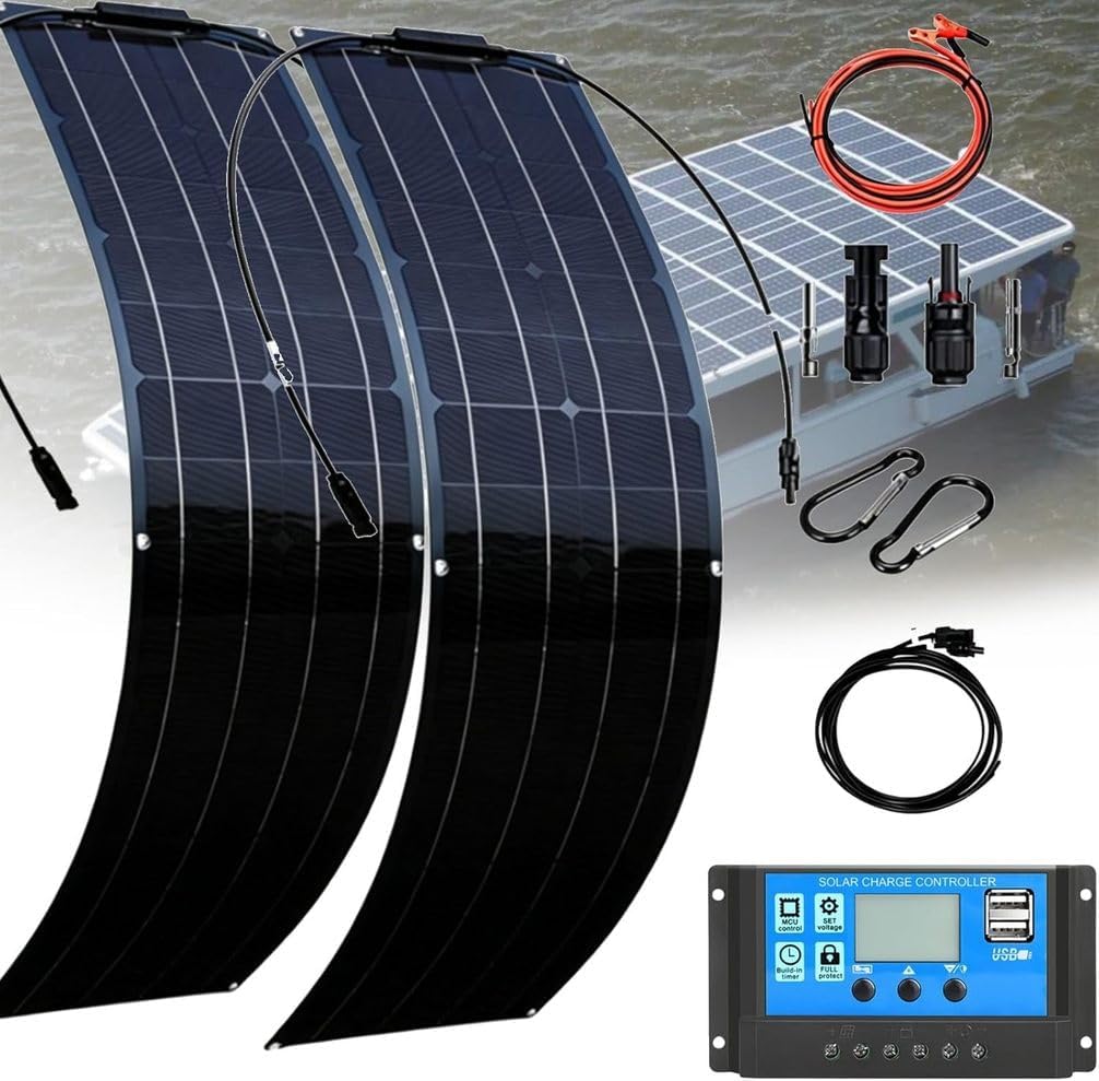 TPTAWF panneau solaire, 12 V, 24 V, Bleu/Noir, ultra fin, kit flexible Pet - avec contrôleur 40 A, panneaux solaires monocristallins flexibles