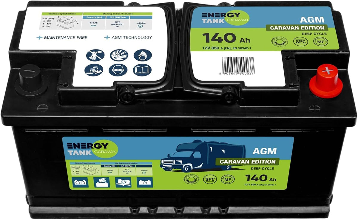 EnergyTank Batteries de voiture, 12 V, 140 Ah, Noir/Vert, Batterie AGM à Décharge Lente pour Camping-Car et Bateau