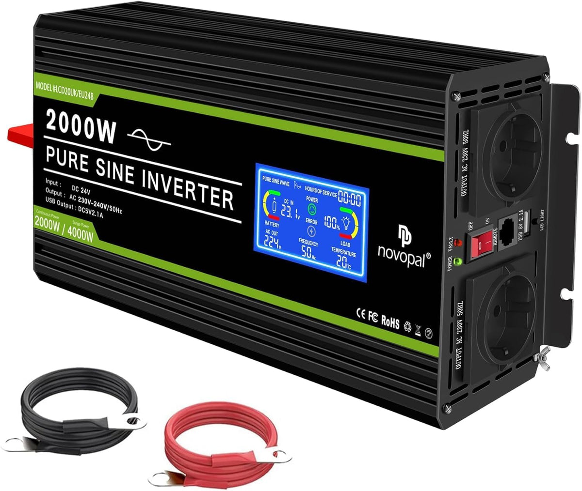 novopal onduleur, 2000 watts de puissance nominale, 2000 W, 4000 W, 24 V, 220 V, Noir/Vert, Convertisseur Pur Sinus 230 V