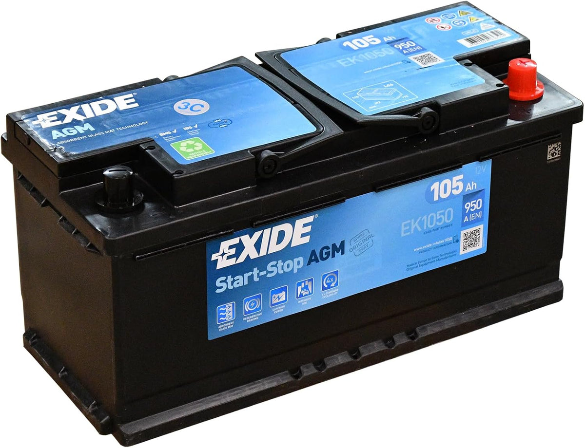 Exide Technologies Batteries de voiture, 12 V, 105 Ah, Noir/Bleu, Exide EK1050 - Batterie Voiture AGM - 950A - Compatible Start and Stop