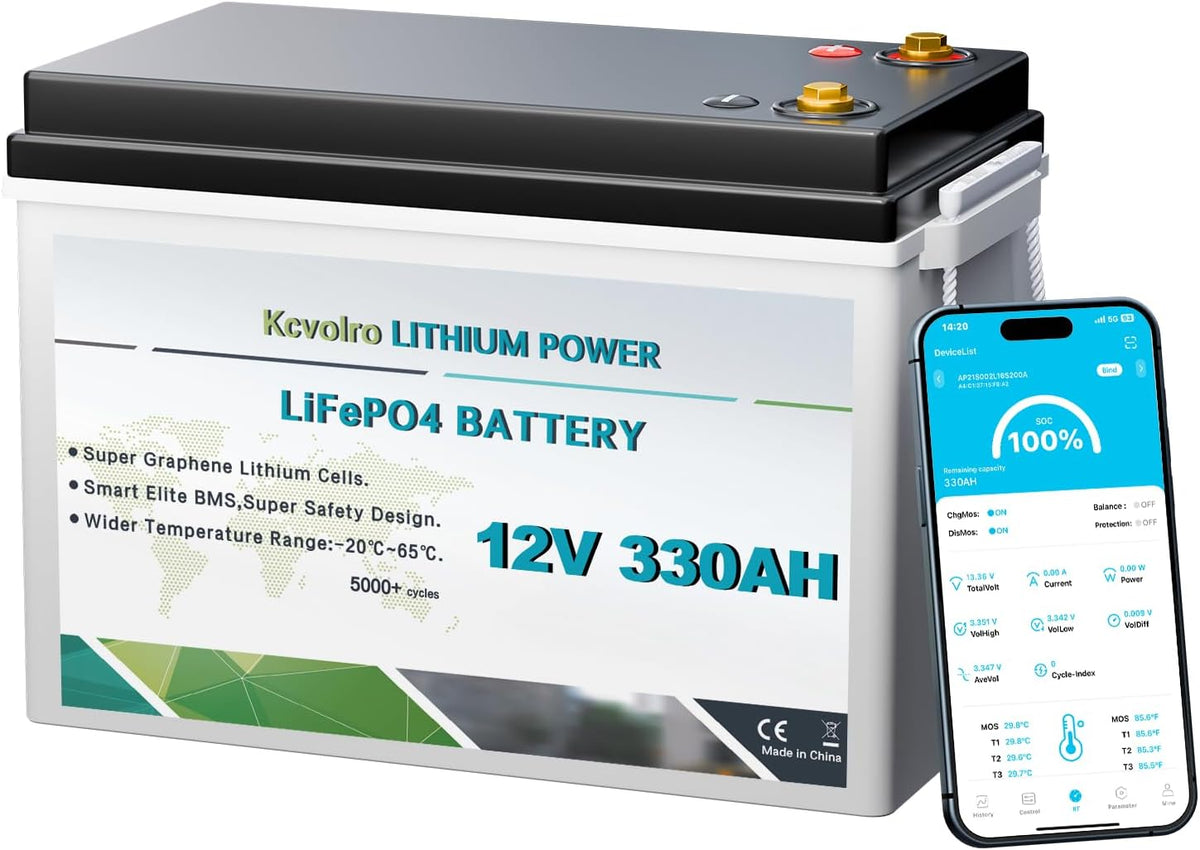 kcvolro batterie, 12 V, 330 Ah, Blanc/Gris, LiFePO4 au lithium, surveillance par application, 200 A BMS, à décharge profonde pour camping-cars