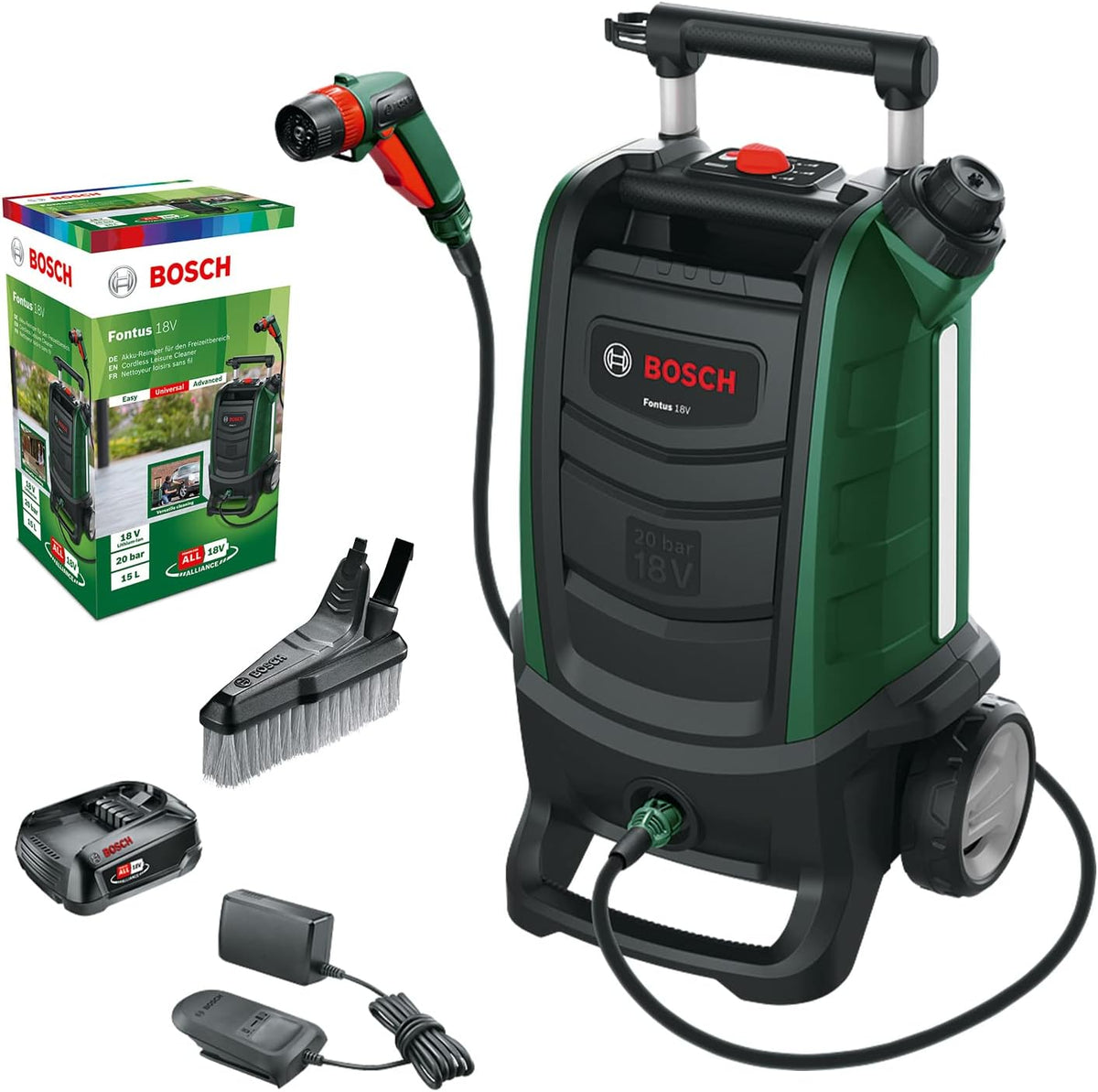 Bosch Nettoyeurs haute-pression, 18 V, Noir/Vert, Nettoyeur pour extérieur sans Fil - Fontus sans Batt./Chargeur
