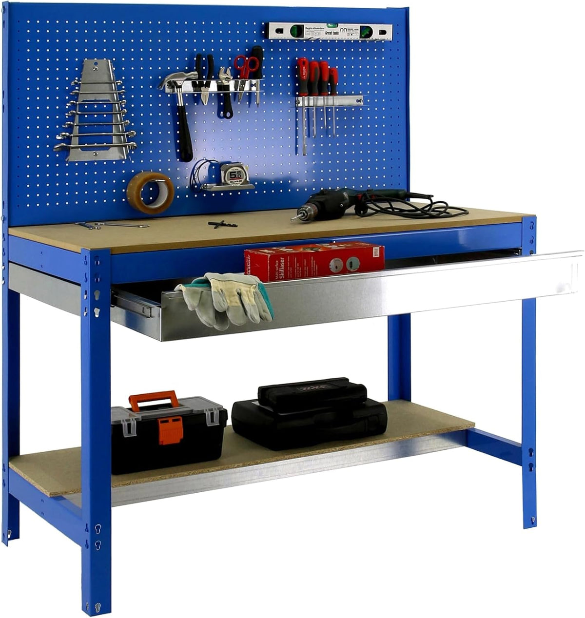 Simon Rack Établis, 600 kg, 1445x1210x610 mm, Bleu, Etabli d'Atelier, Capacité de Charge, Panneau Perforé