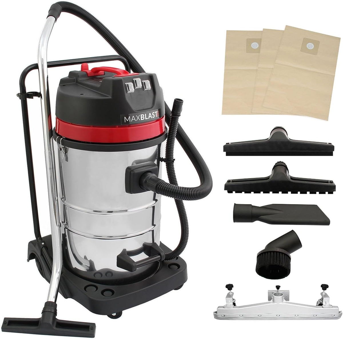 MAXBLAST aspirateur eau et poussière, 80 L, 000 W, 1,5 m, 9 m, Argenté/Noir