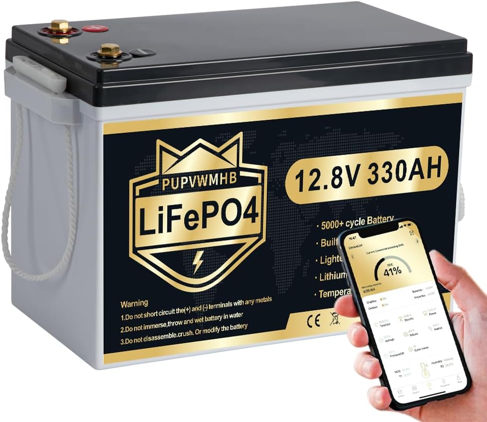 PUPVWMHB batterie, 12 V, 330 Ah, 4224 Wh, Gris/Noir, MINI LiFePO4 Lithium Battery, Bluetooth Lithium Battery