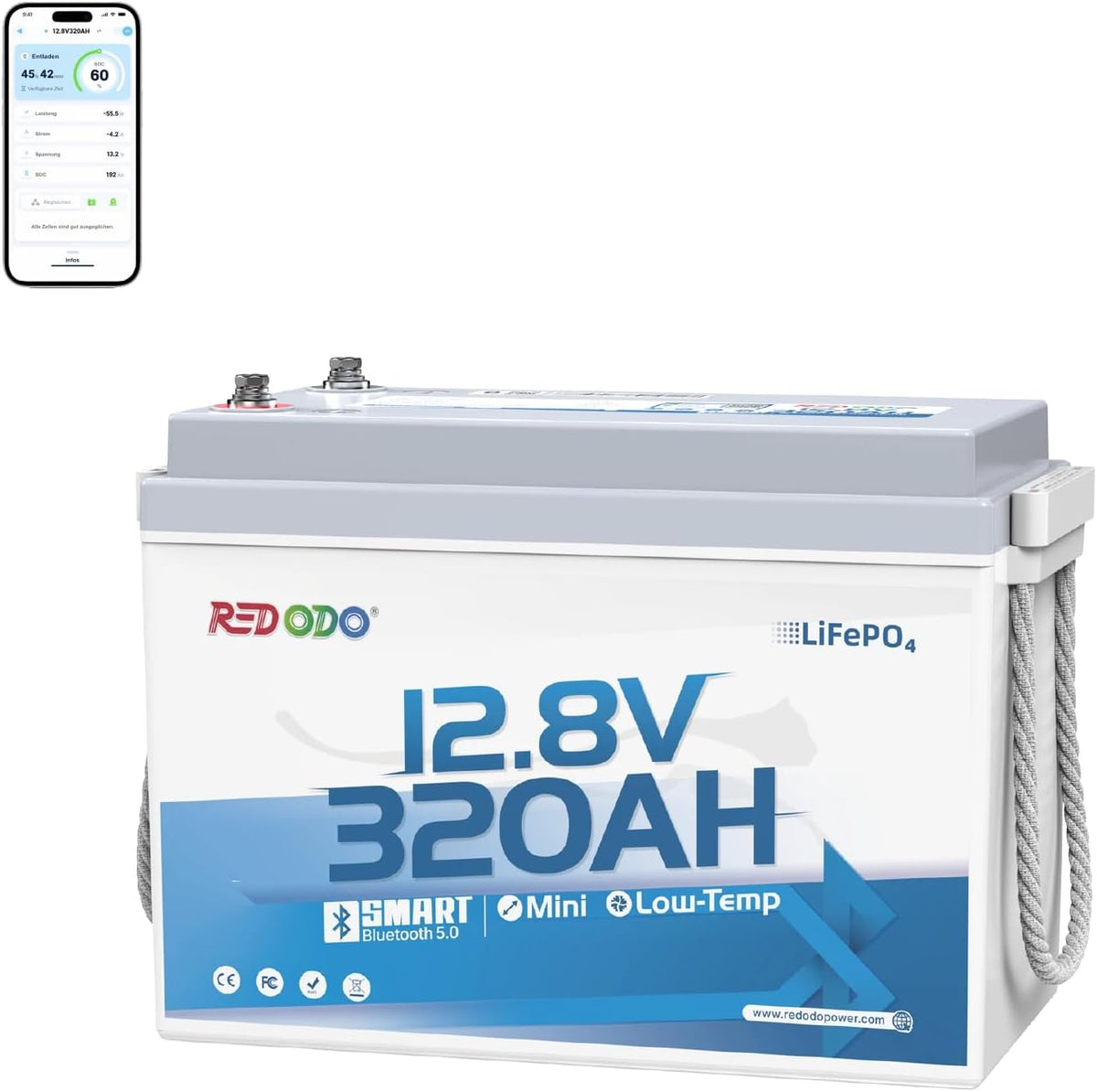 Redodo batterie, 12 V, 320 Ah, 4096 Wh, Blanc/Bleu