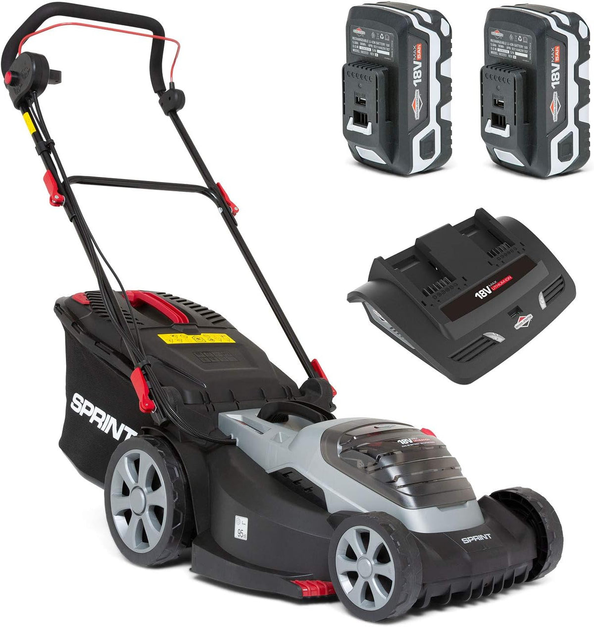 Briggs & Stratton tondeuse à gazon, 2x18, 36 V, 44 cm, 5 Ah, Noir/Gris, Sprint V ( ) Lithium-Ion de largeur de coupe 440P18 V