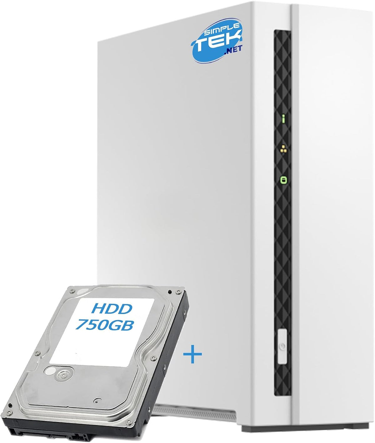 SIMPLETEK Boîtiers, Gris/Blanc, - Système de stockage réseau domestique NAS avec 2 Go de RAM, 1-Bay avec disque dur de 750 Go préinstallé