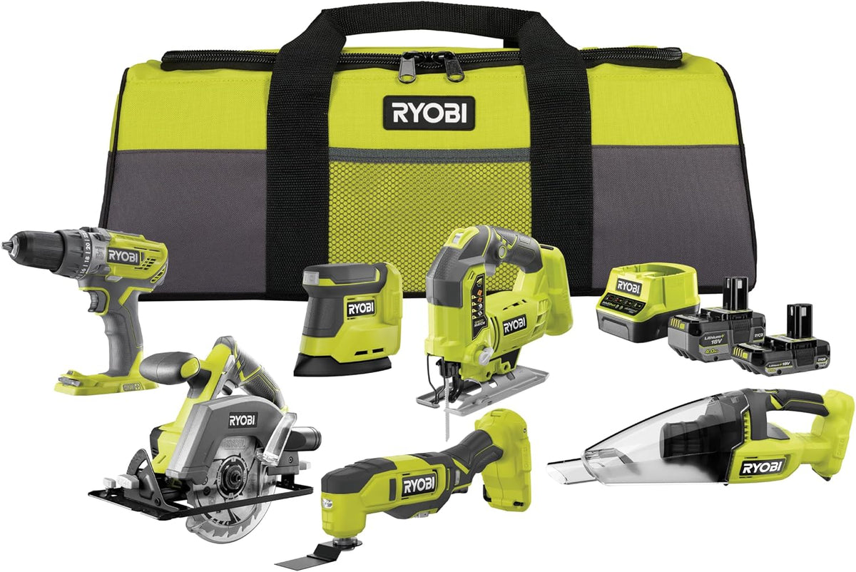 RYOBI scie circulaire, 18 V, 1x4, 1x2, Jaune/Noir, - Kit 6 outils ONE+ : Perceuse percussion, Scie sauteuse