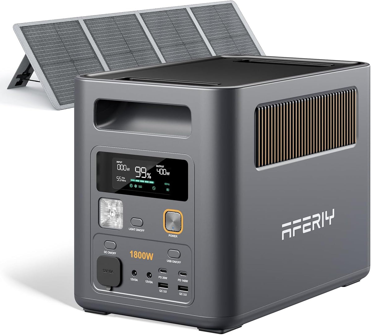 AFERIY groupe électrogène, 1800 W, 100 W, 1024 Wh, 5120 Wh, Gris/Noir, P180 Pro Générateur Électrique Portable avec Panneau Solaire Pliable