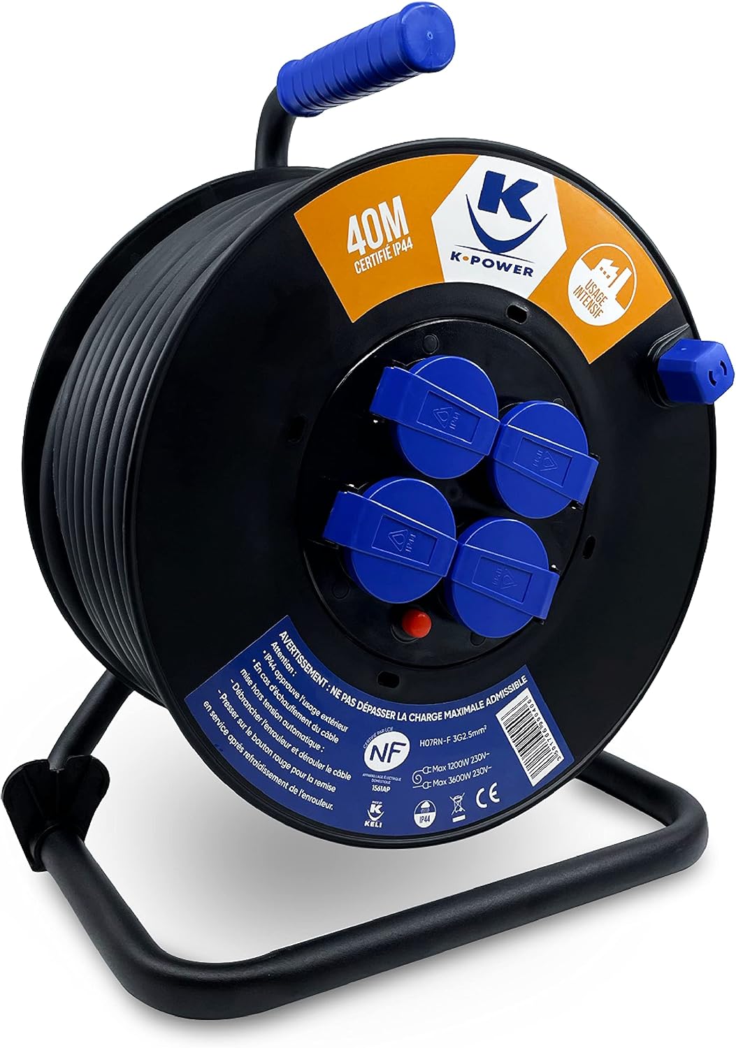 KELI FRANCE Enrouleurs de câble électrique, Puissance enroulée : 1200 W – Puissance déroulée 3600 W, 5 mm, Bleu