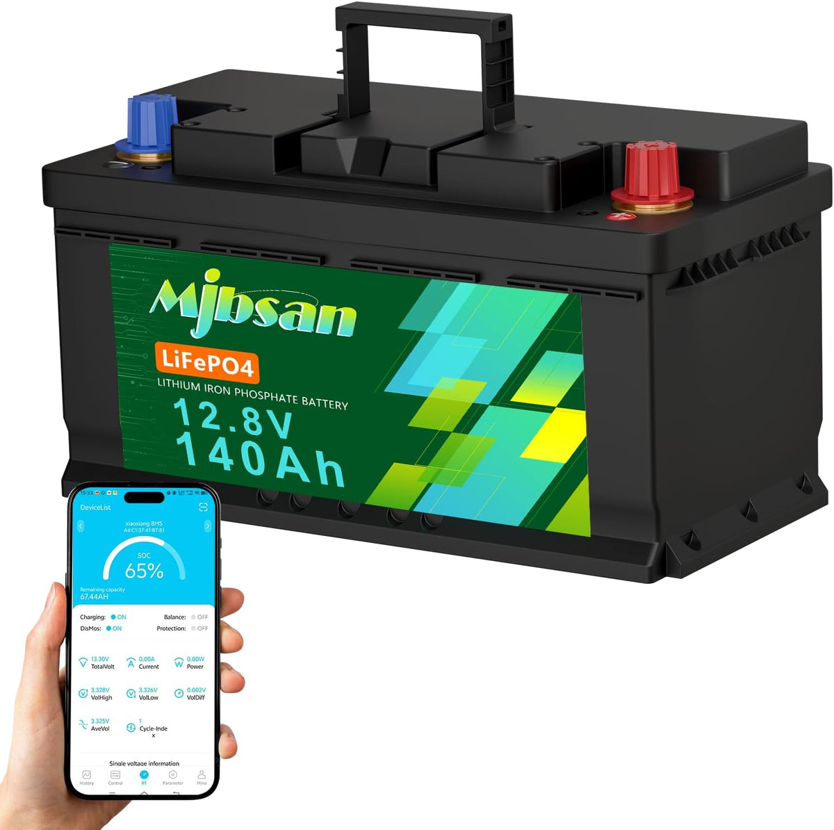 Mjbsan batterie, 12 V, 140AH, 1792 Wh, Noir/Vert, lithium LiFePO4 H190 avec Bluetooth, BMS 150A, durée de vie maximale de plus de 15 000 cycles