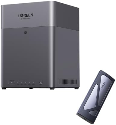 bureau UGREEN, Gris/Noir, NASync DH4300 Plus NAS de 4 Baies + Boîtier M.2 NVMe USB 3.2 Gen 2, NFC One-Touch