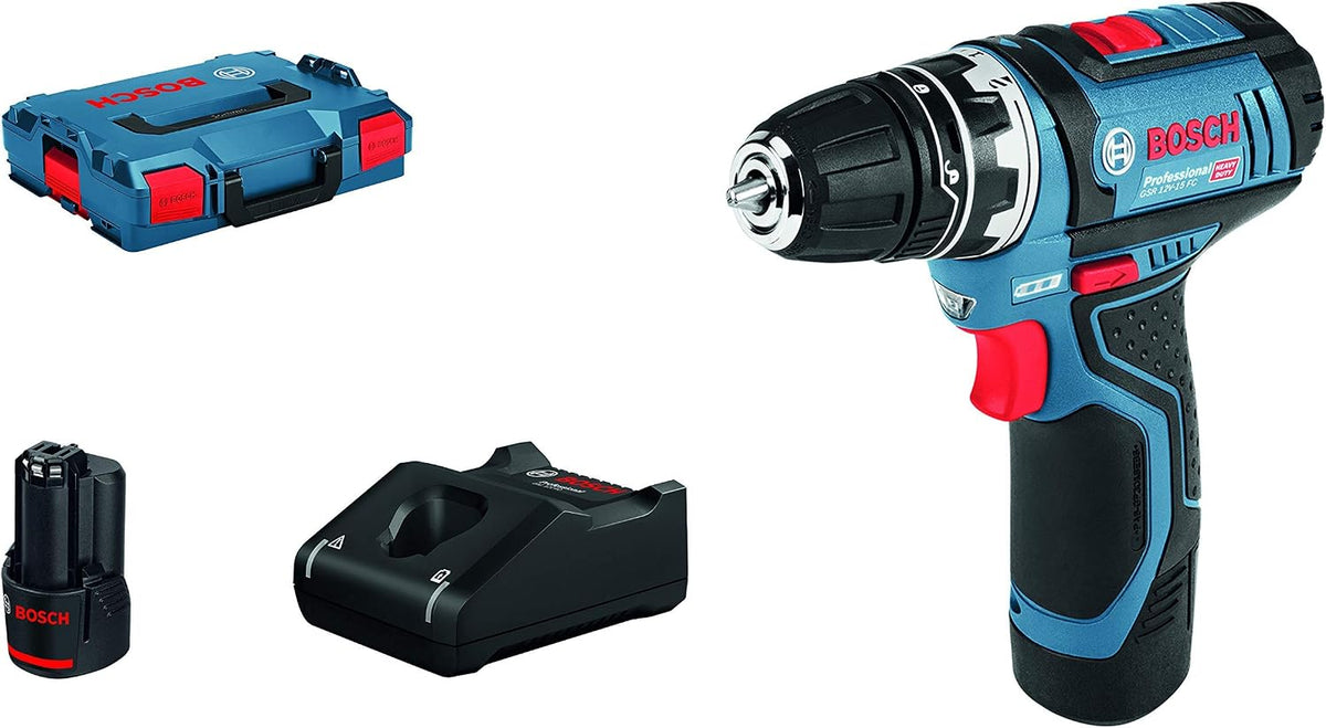 Bosch Professional perceuse-visseuse, 12 V, 2.0 Ah, Bleu/Noir, System sans-fil GSR -15 FC - FlexiClick System (2 batteries GBA