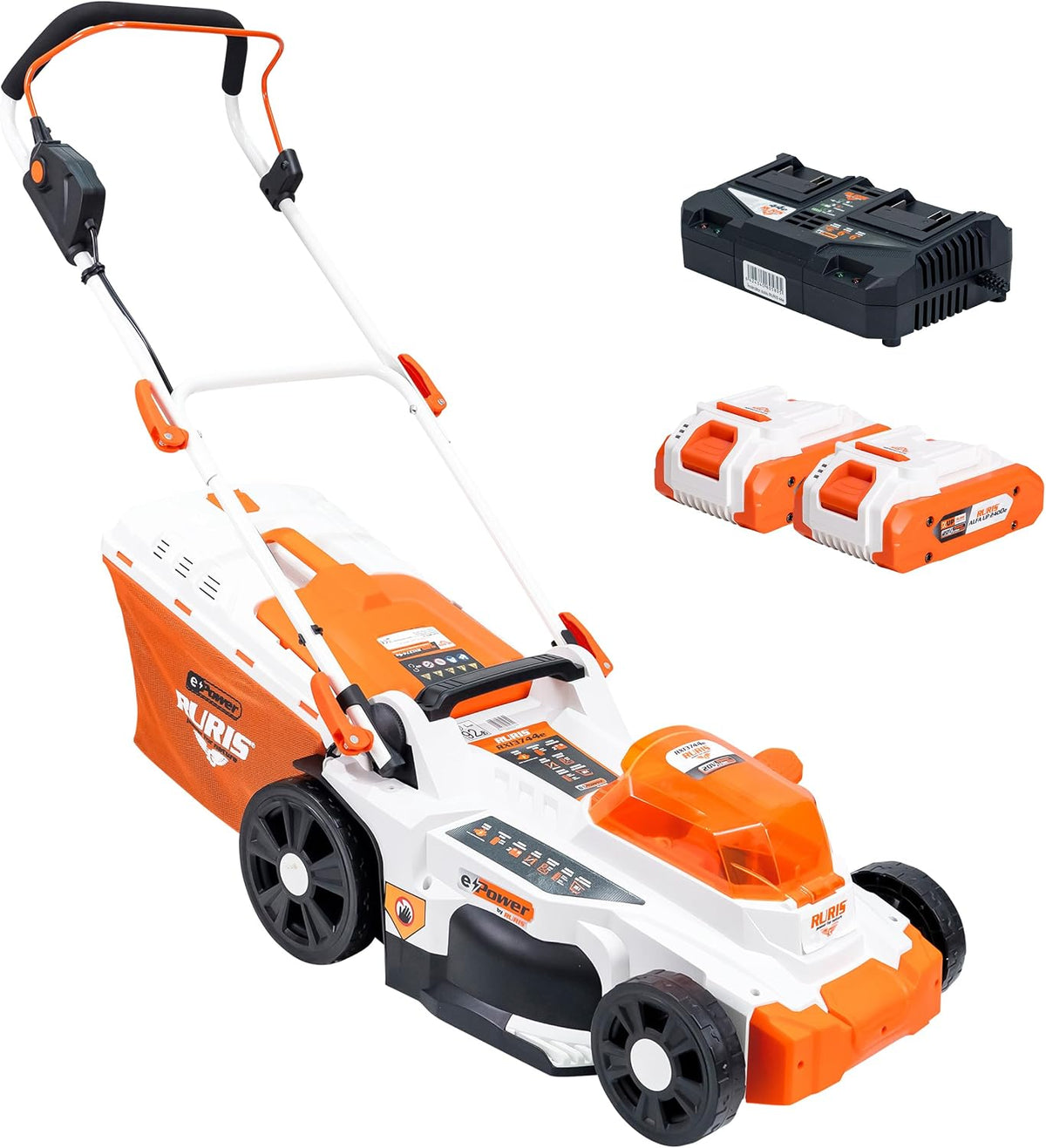 RURIS POWER FOR NATURE tondeuse à gazon, 37 cm, 75 mm, 20 V, 4 Ah, Blanc/Orange, RURIS sans Fil RXI3744e, Largeur de Coupe