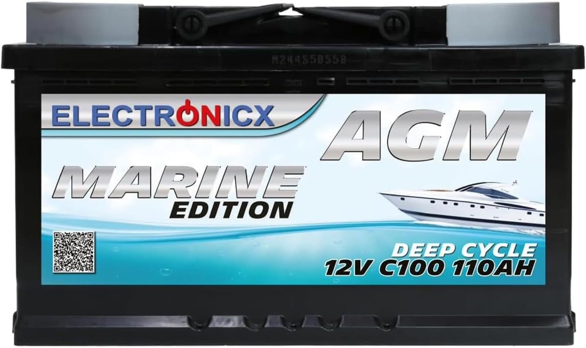 Electronicx batterie, 12 V, 110 Ah, 110 ah, Bleu, AGM Marine / Accumulateur solaire à décharge lente, sans entretien