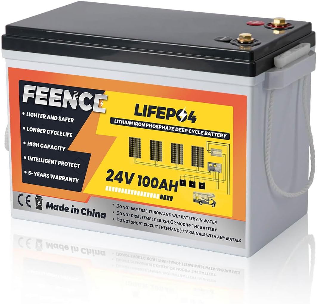 FEENCE Batteries de voiture, 24 V, 100 Ah, Gris/Jaune, Batterie au lithium LiFePO4 de petite taille avec BMS 100 A intégré