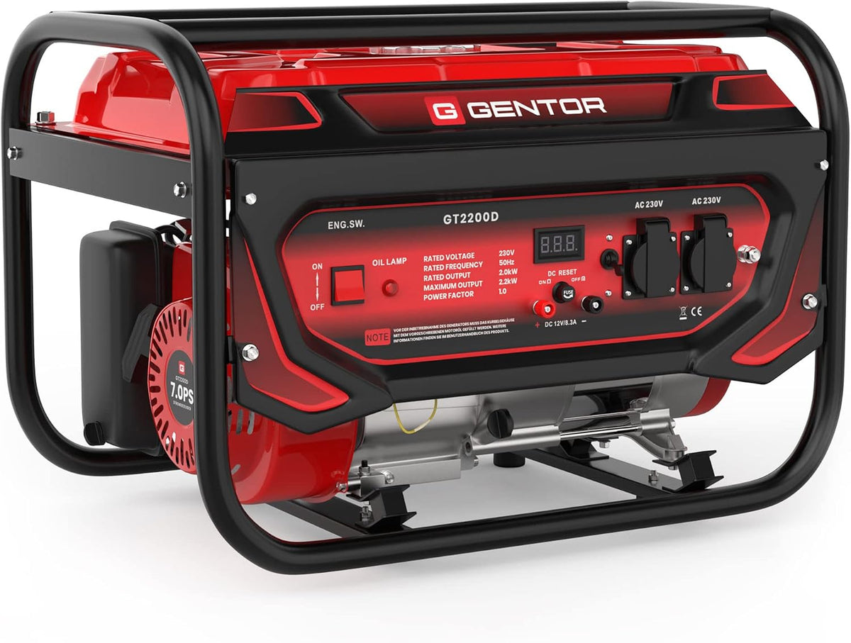 GENTOR groupe électrogène, 2x 230, 1x 12, Rouge/Noir, Générateur d'électricité de secours essence silencieux 2200 Watt 7.0PS