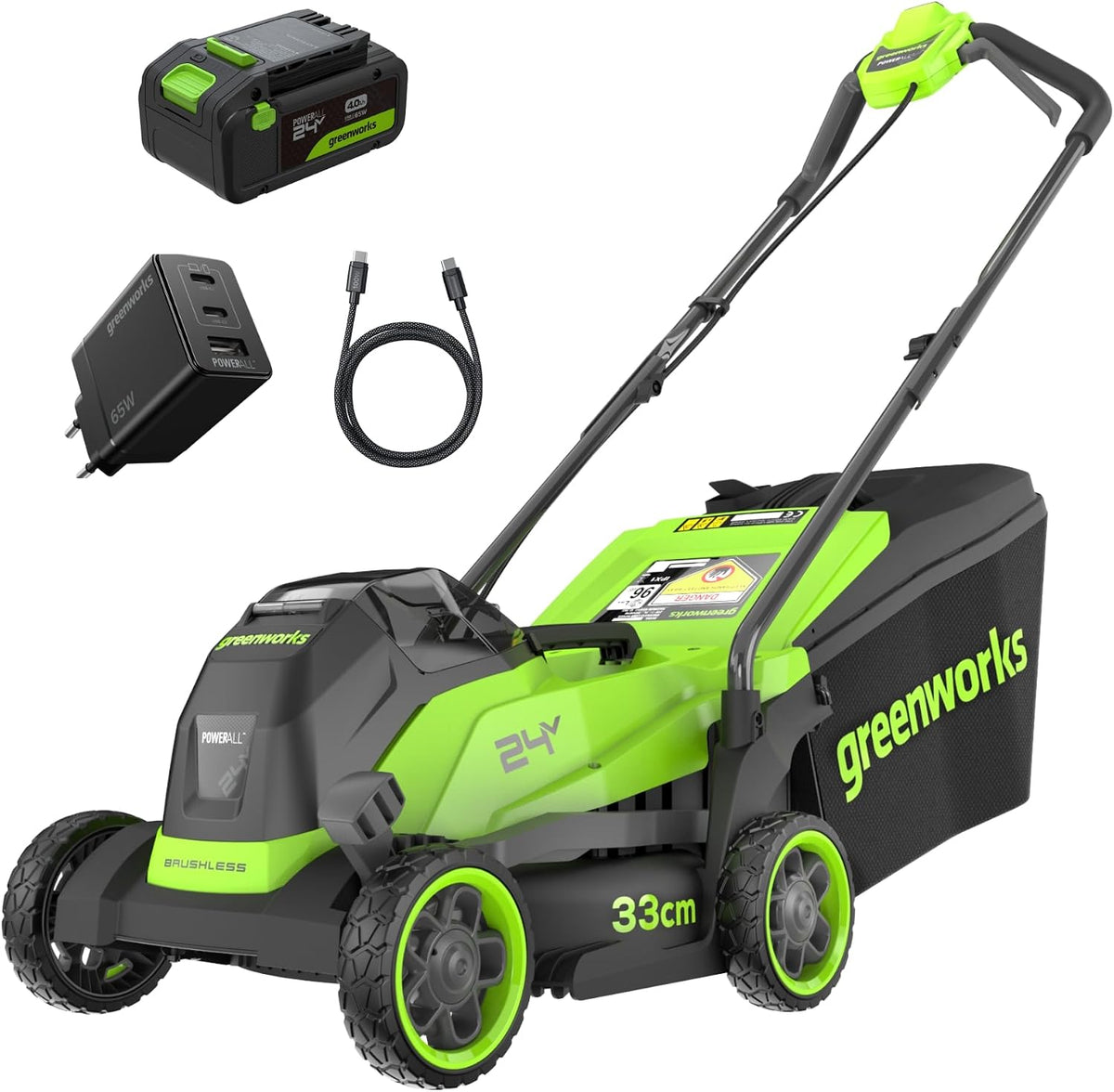 Greenworks tondeuse à gazon, 24 V, 33 cm, 30 L, 4 Ah, Vert/Noir, Tondeuse Gazon sans Fil avec Moteur sans Brosse