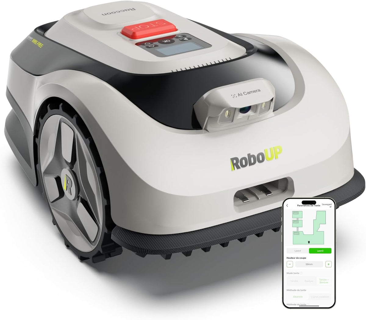 RoboUP Tondeuses robot, 600 m, 5 Ah, Gris/Blanc, Raccoon 2 SE Robot Tondeuse- ², Robot Tondeuse Intelligent sans RTK
