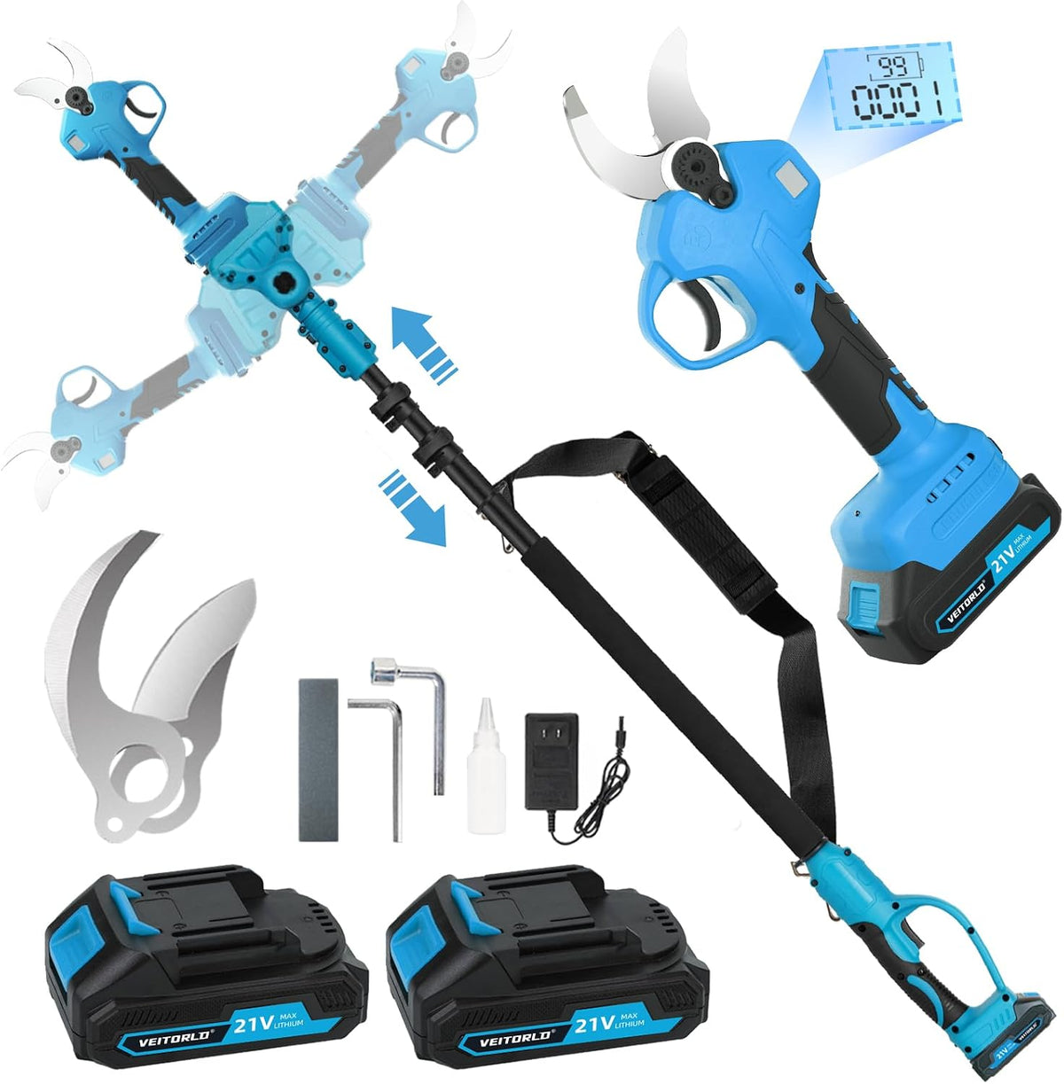 Veitorld Sécateurs, 40MM, 245 cm, Bleu/Blanc, Sécateur Électrique Télescopique avec Perche Amovible 130, 2 Batteries 2000mAh avec Écran