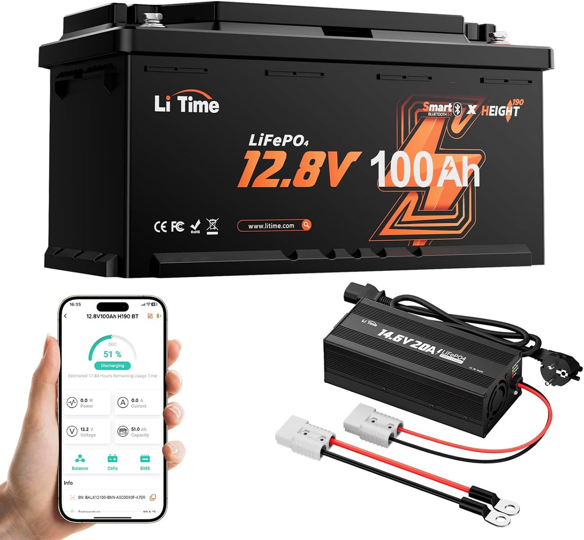 Litime batterie, 12 V, 100 Ah, 14,6 V, 1280 Wh, Noir/Gris, Lithium H190 Bluetooth avec 20A Chargeur pour Camping-Car