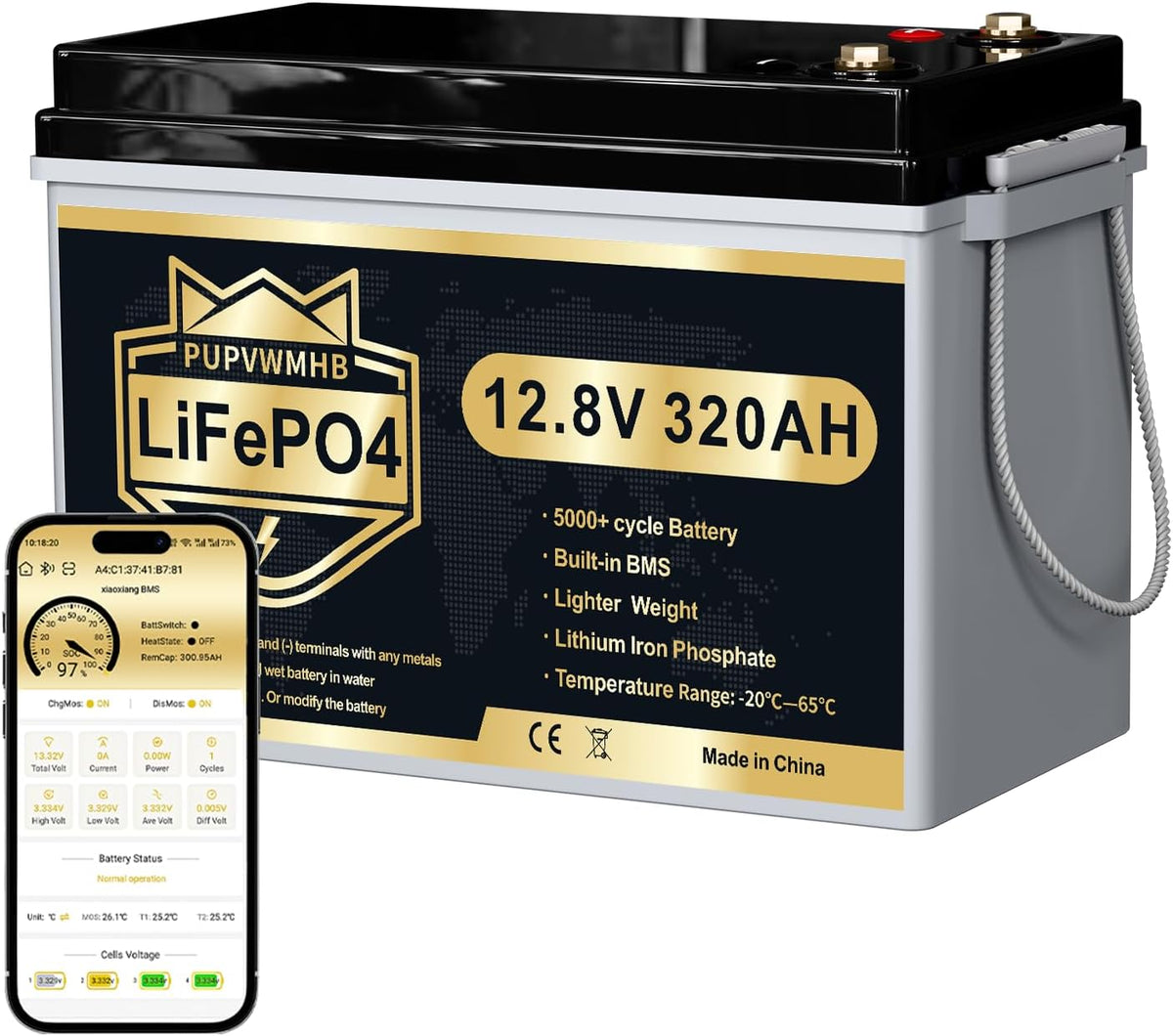 PUPVWMHB batterie, 12 V, 320 Ah, 4096 Wh, Noir/Gris, LiFePO4 avec Bluetooth, BMS 200 A, jusqu'à 15 000 cycles