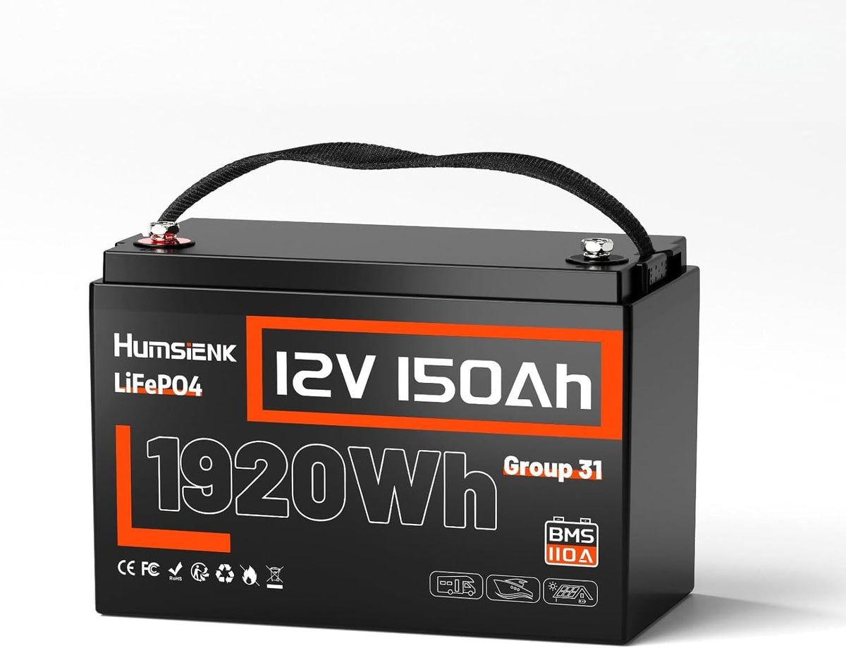 HumsiENK batterie, 12 V, 150 Ah, 1920 Wh, Noir/Gris, Lithium LiFePO4, LiFePO4 Rechargeable BMS 110A Intégré, 15000 Cycles Profonds