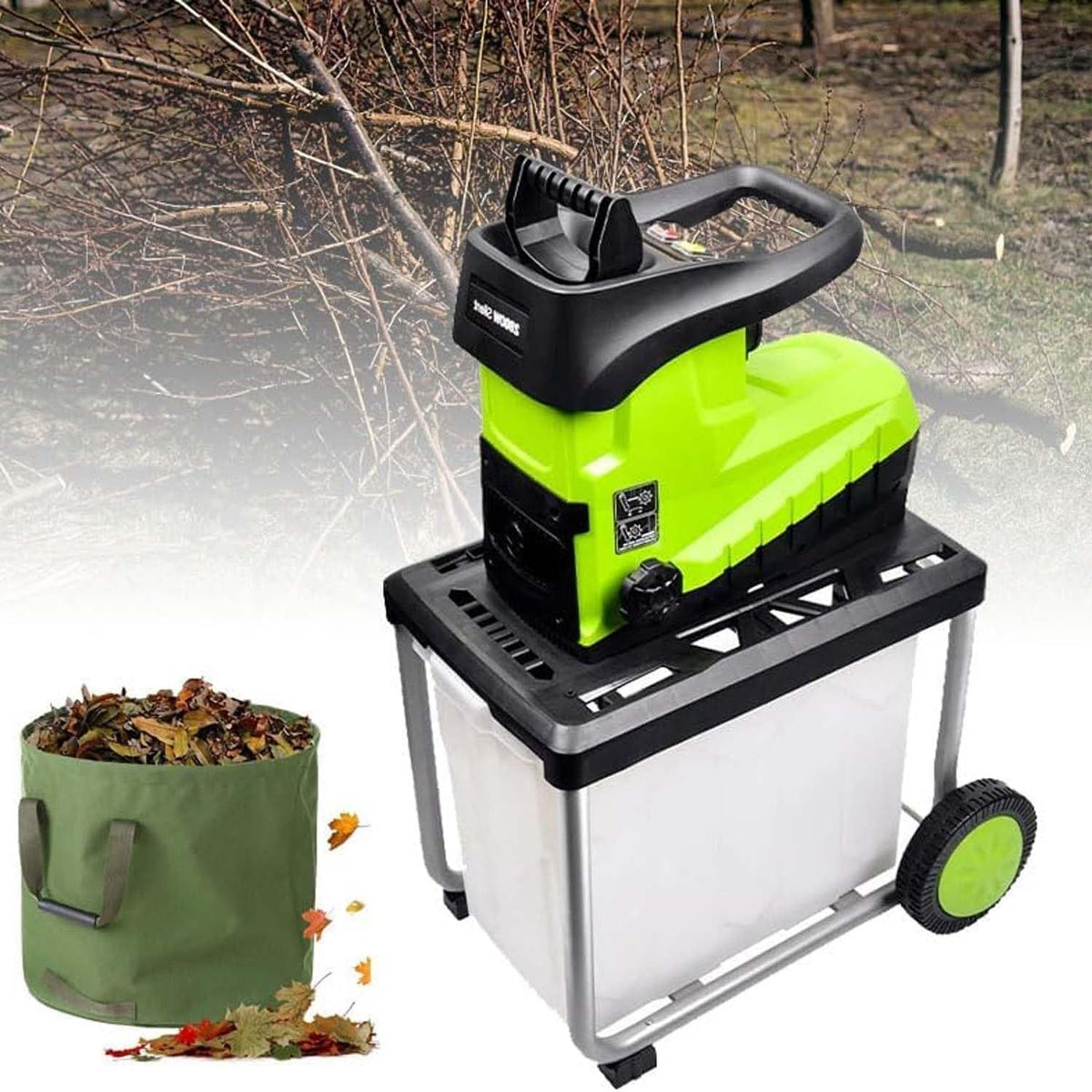 EXSHUING broyeur, 2800 W, 60 L, 4,5 Cm, Vert, De Végétaux Électrique, Grand Bac De Ramassage, Coupe Des Branches Jusqu'À