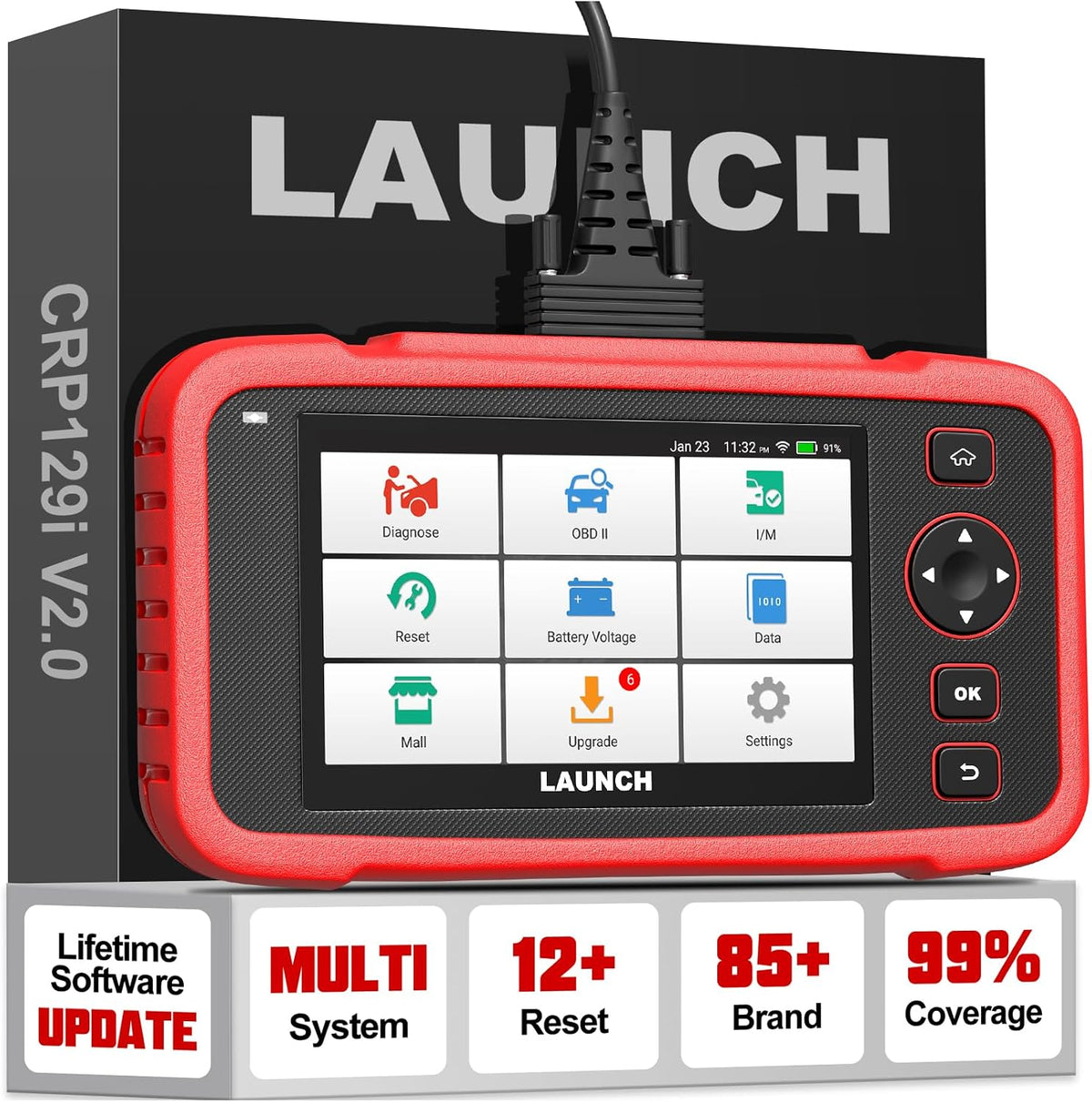 LAUNCH Outils diagnostics pour système de moteur OBD-II, Noir/Rouge, Valise Diagnostic Auto CRP129i 2.0 Elite 4 Systèmes ABS/SRS/TCM/Moteur