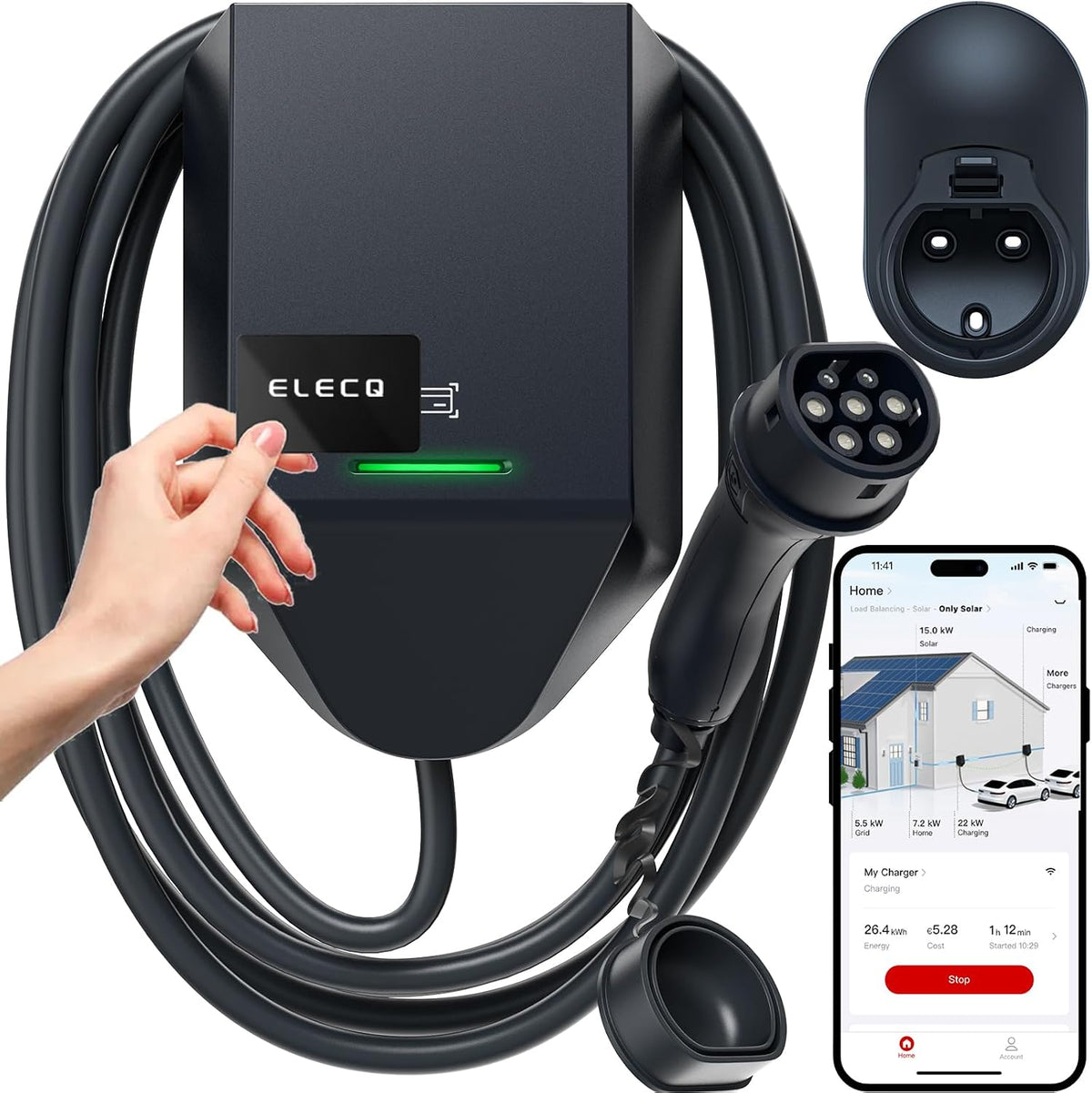 ELECQ Stations de charge, 11 kW, Noir/Bleu, Borne de Recharge Triphasée avec App & RFID