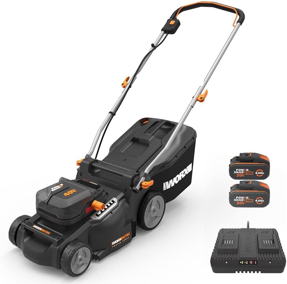 WORX tondeuse à gazon, 2*20 V, 40 V, 600 m, 37 cm, 40 L, Noir/Blanc, sans Fil WG737E, Surface Max de ², Coupe jusqu'aux Bordures