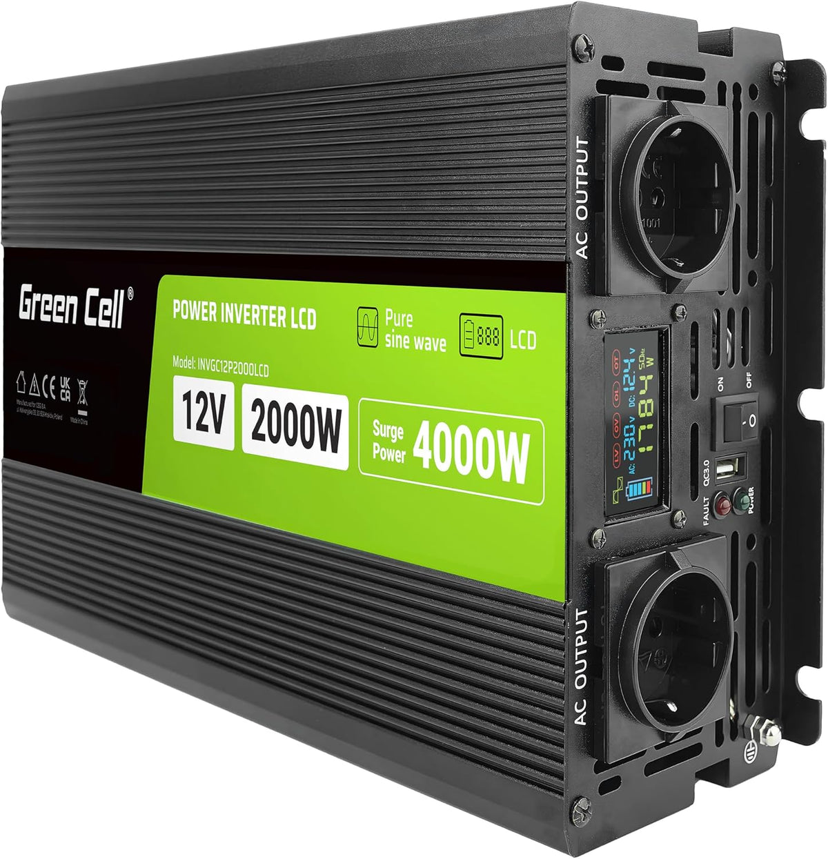 Green Cell convertisseur de tension, 2000 W, 4000 W, 12 V, 230 V, Vert, Onde Sinusoïdale Pure, PowerIn er DC AC