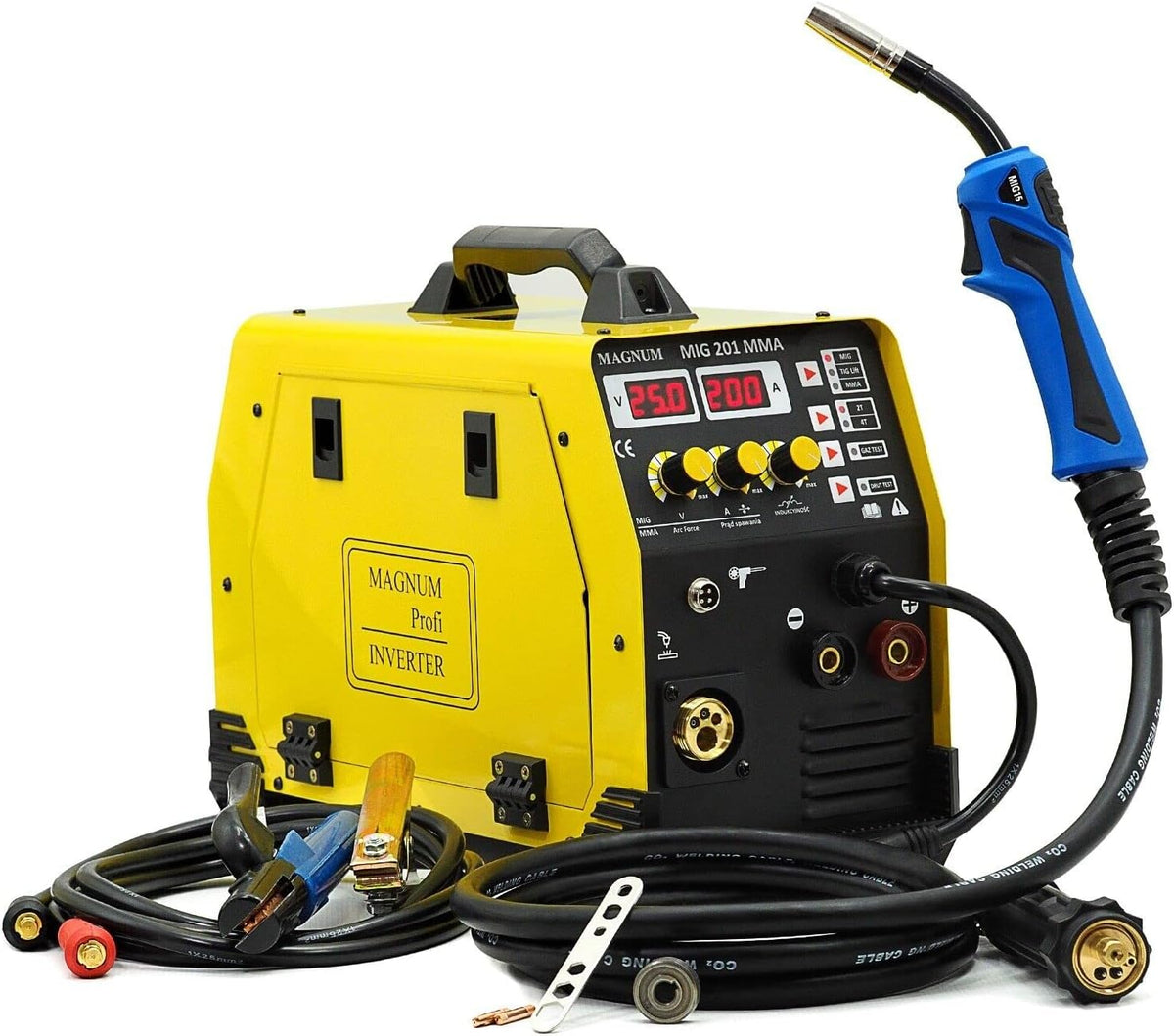 Magnum™ Équipement pour soudage MIG, 230 V, Jaune/Noir, MIG 201 MMA MIG/MAG Poste à souder inverter 3 en 1 200 A MMA FLUX