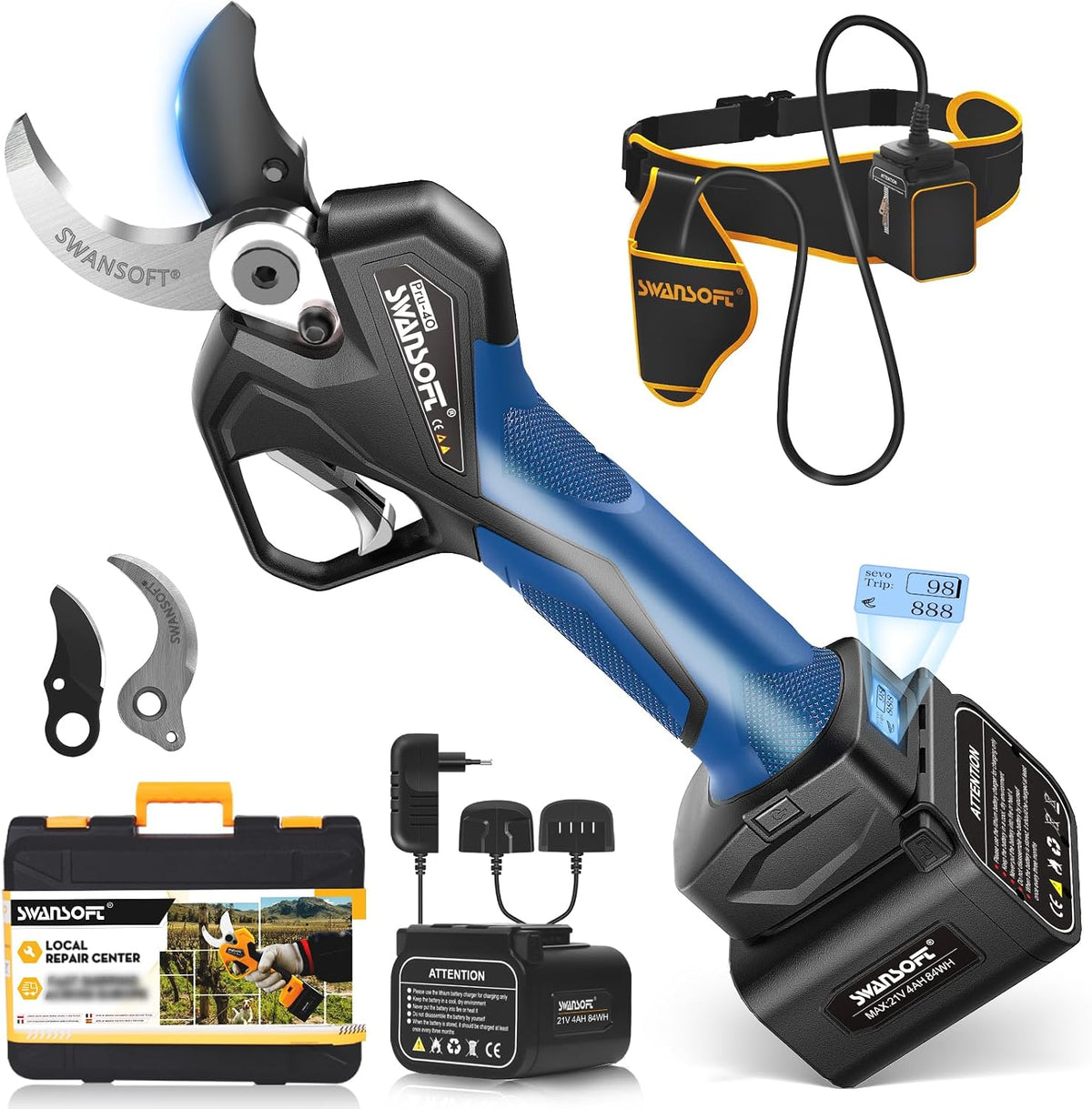 SWANSOFT Sécateurset ciseaux, 40 mm, 21 V, 1050 W, Noir/Gris, PRU40 Secateur Electrique Professionnel, 4Ahx2 Sécateur Électrique Sans Fil