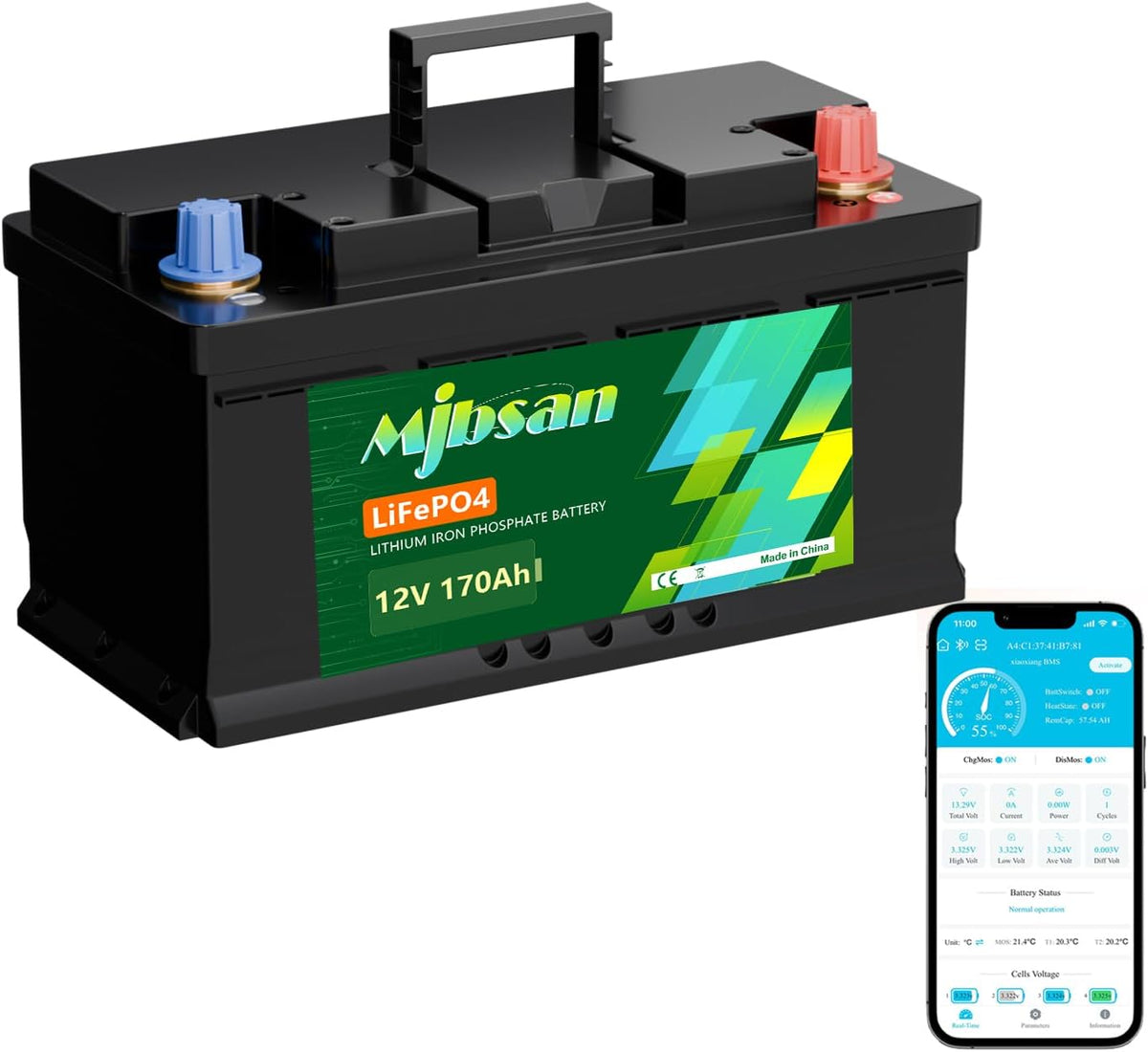 Mjbsan batterie, 170 Ah, 12 V, 190 mm, 2176 Wh, Noir/Vert, LiFePO4 Bluetooth, hauteur de sous le plancher en lithium avec BMS intelligent 150A
