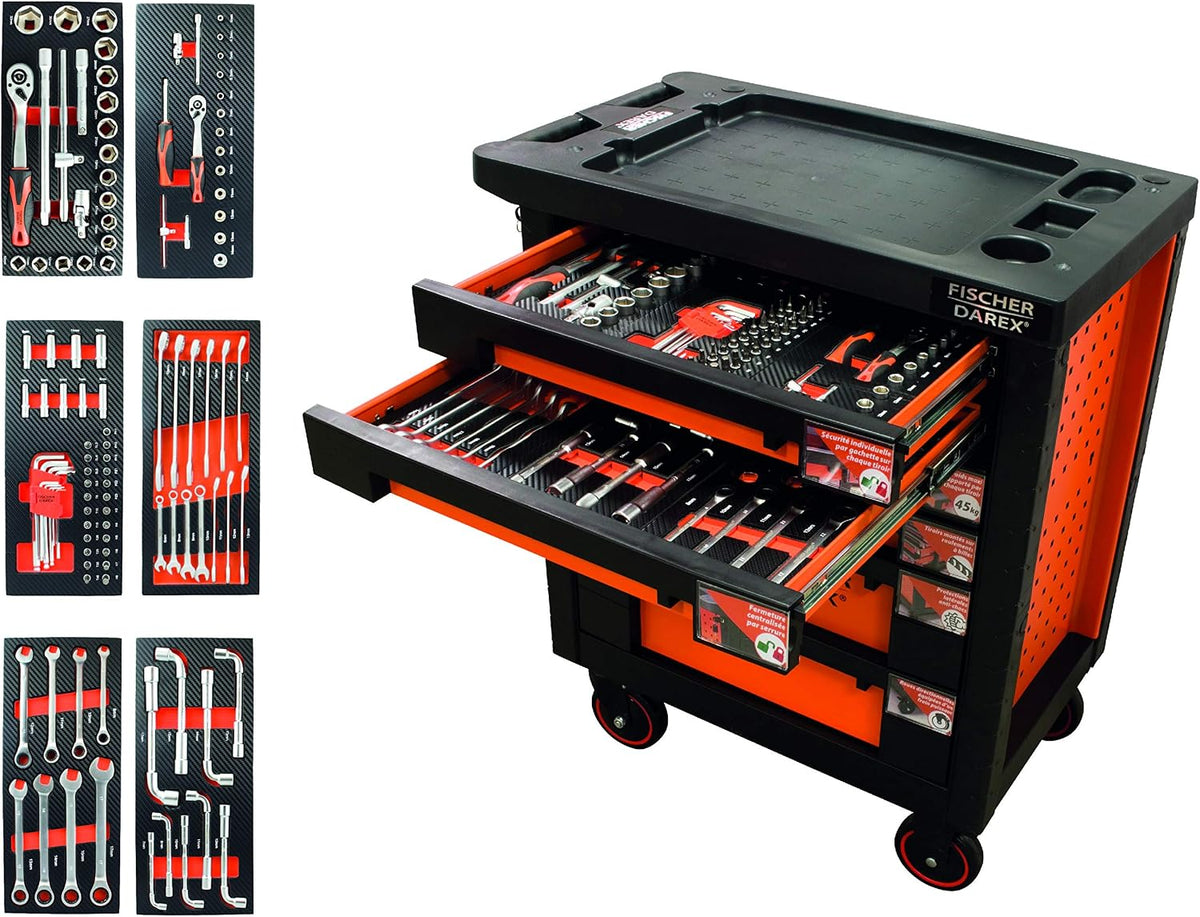 FISCHER DAREX Ensembles de clés à cliquet, Rouge/Noir, Servante d'atelier équipée clés + douilles 112 outils