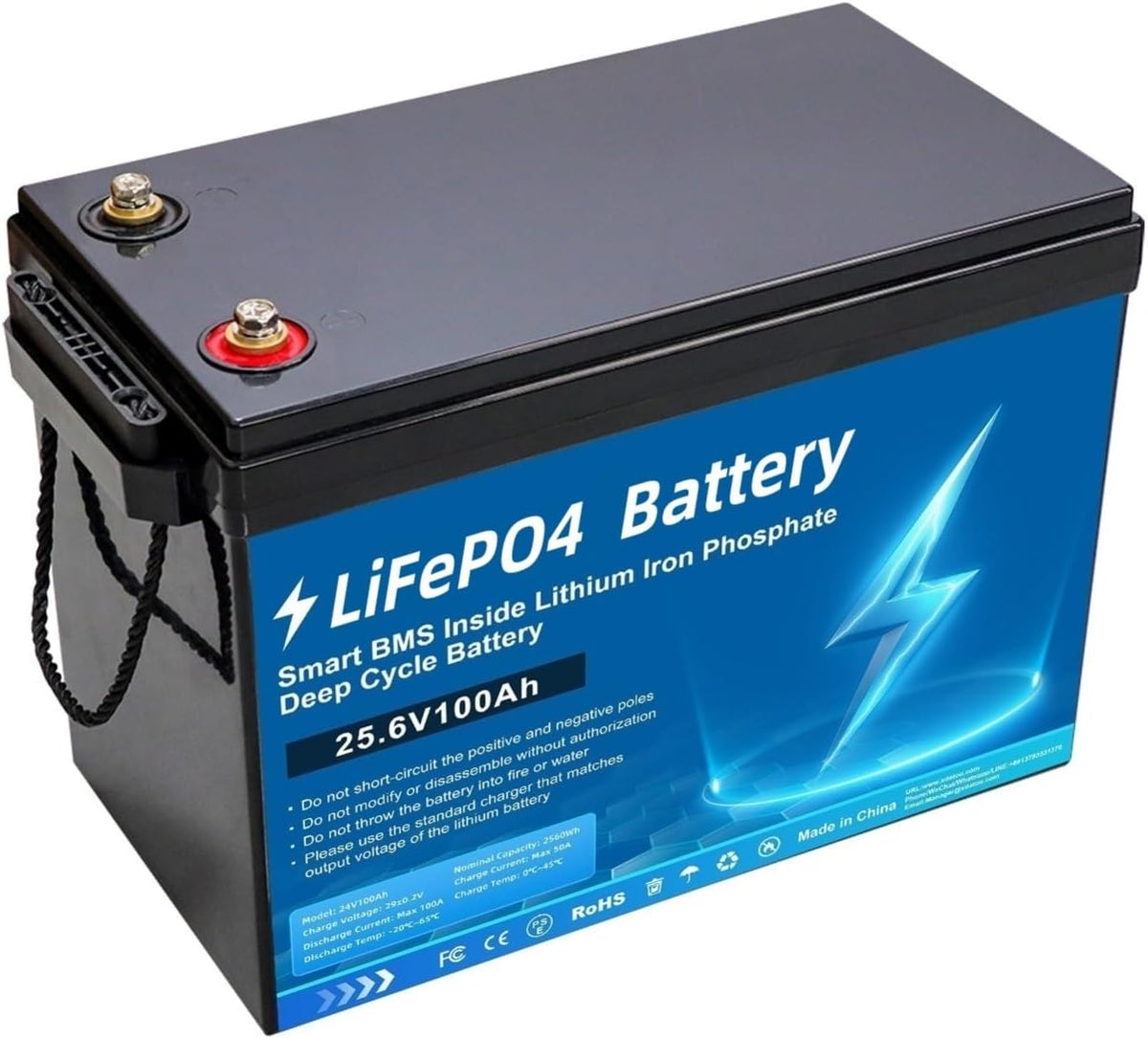 BOGJFC batterie, 24 V, 100 Ah, 2560 Wh, 440×245×315 mm, 16.3 kg, Bleu/Noir