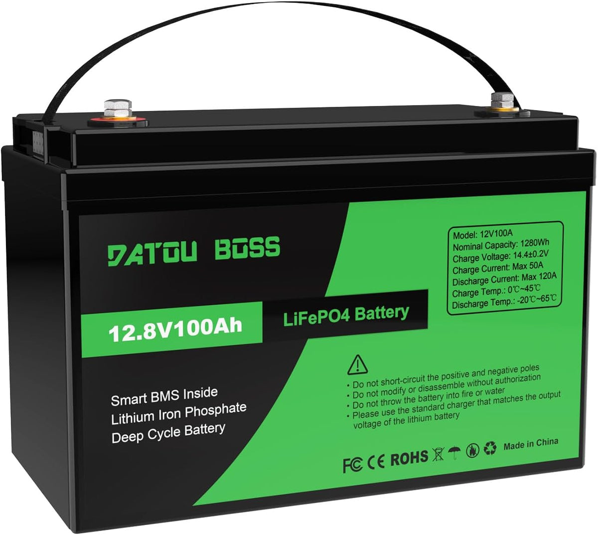 DATOUBOSS batterie, 12 V, 100 Ah, 1280 Wh, Bleu, lithium avec BMS 100A, 4500-15000 cycles profonds, prise en charge en connexion série/parallèle