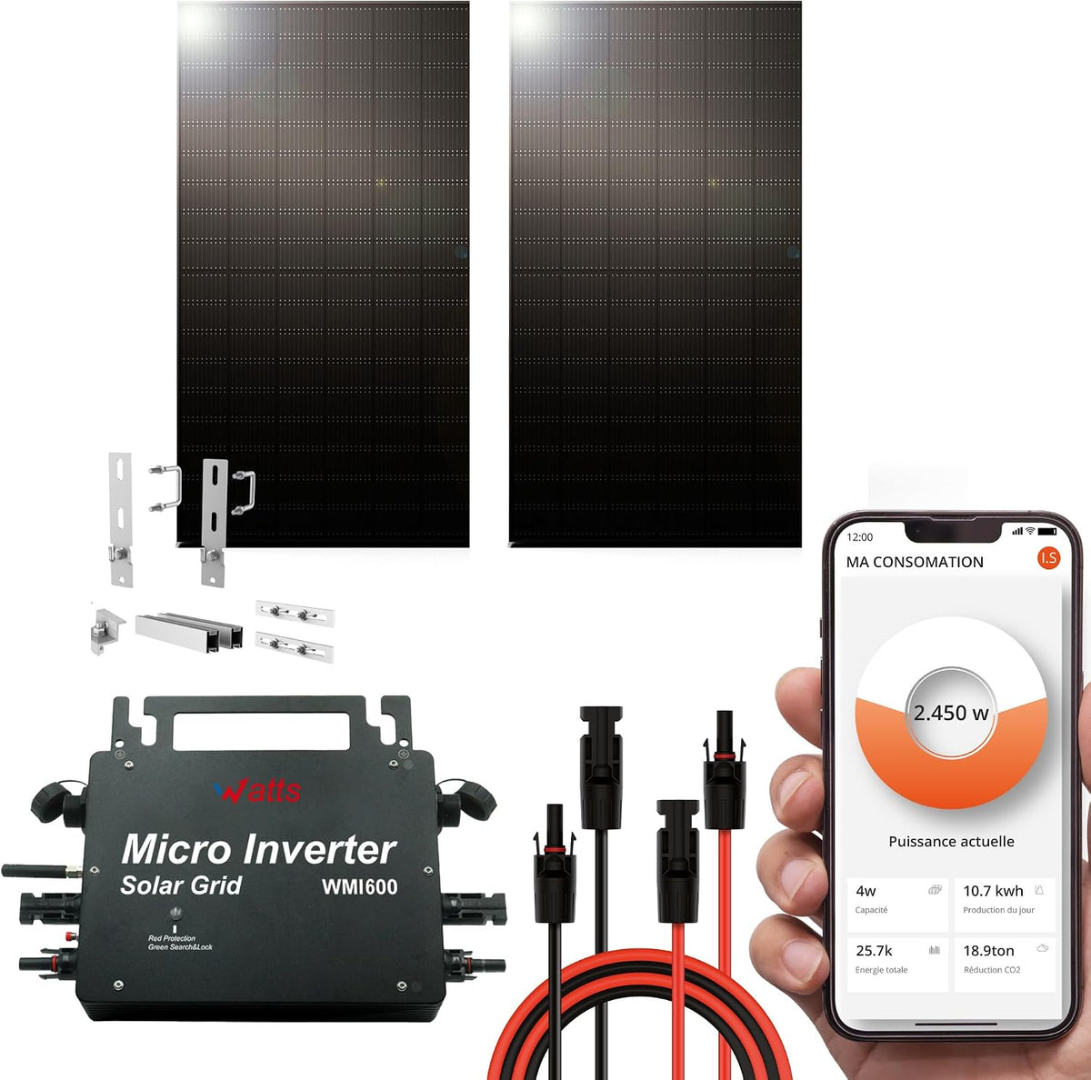 W onduleur, 600 W, Noir/Gris, Toit ou Abri