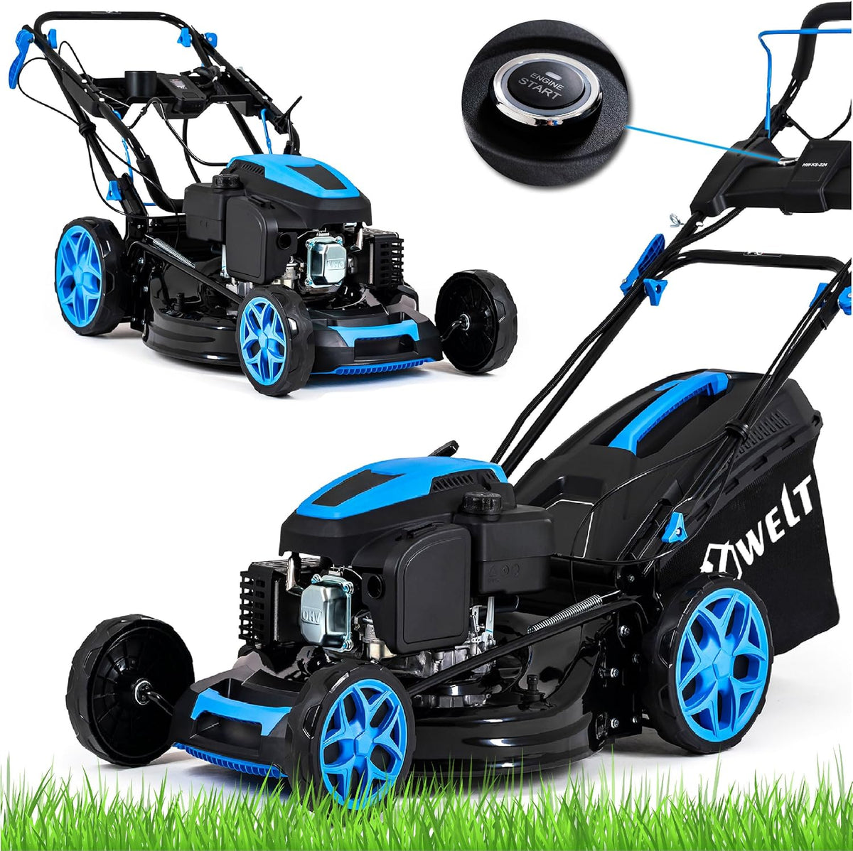 THUNDER tondeuse à gazon, 224 cm, 53 cm, 60 L, Noir/Bleu, Hexwelt HW-KS-224 à essence avec autotraction, démarrage électrique