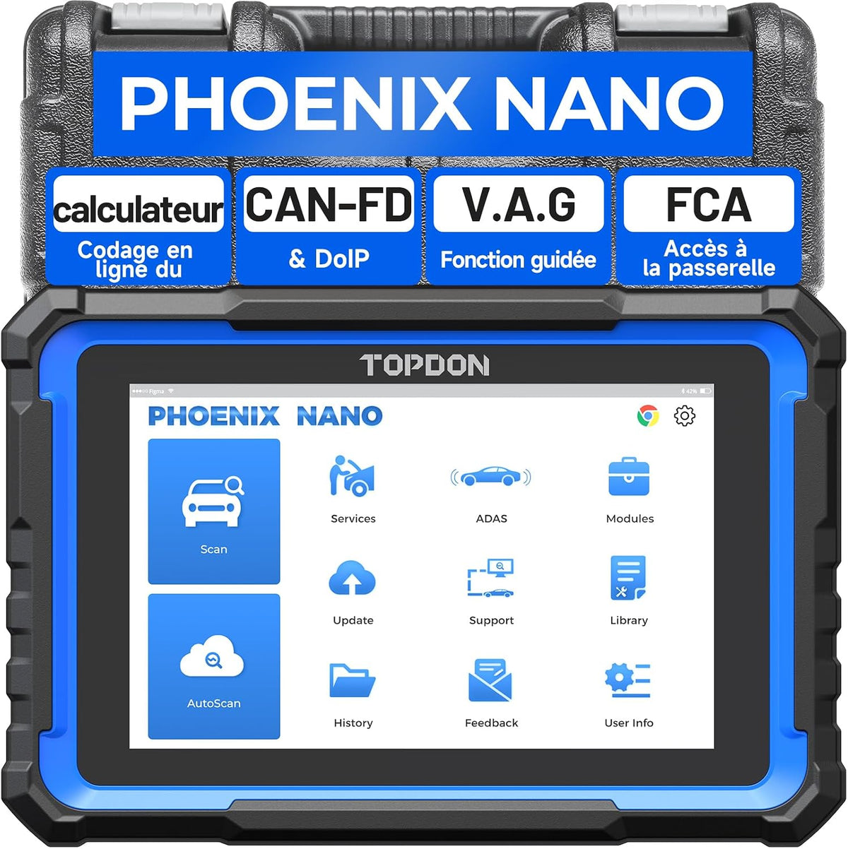TOPDON Outils diagnostics pour système de moteur OBD-II, Bleu/Gris, Phoenix Nano Valise Diagnostic Auto Multimarque