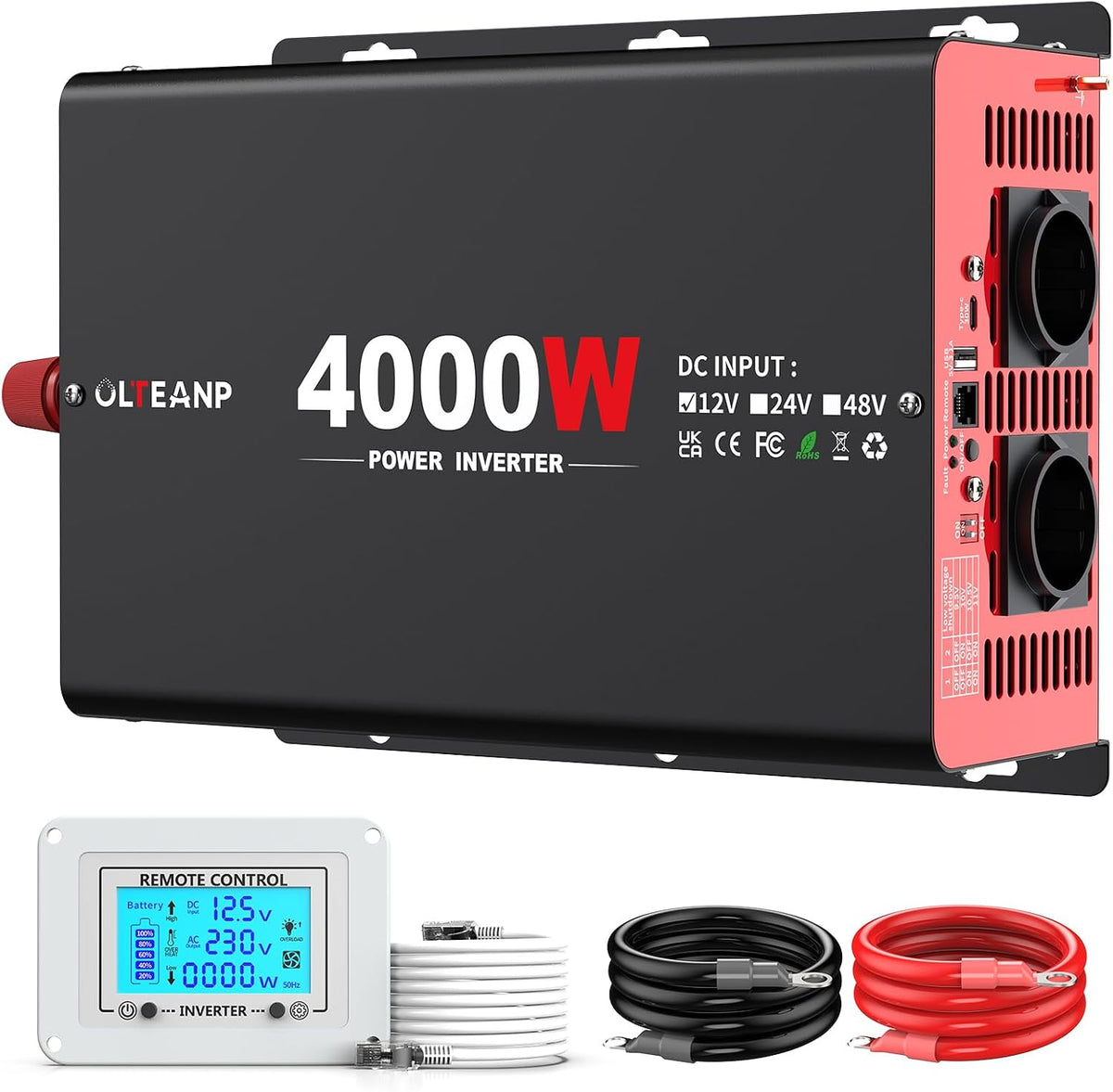 OLTEANP onduleur, 12 V, 230 V, 4000 W, 30 W, Noir/Rouge, DC à De Voiture AC avec 2 Sorties AC, Port De Type C