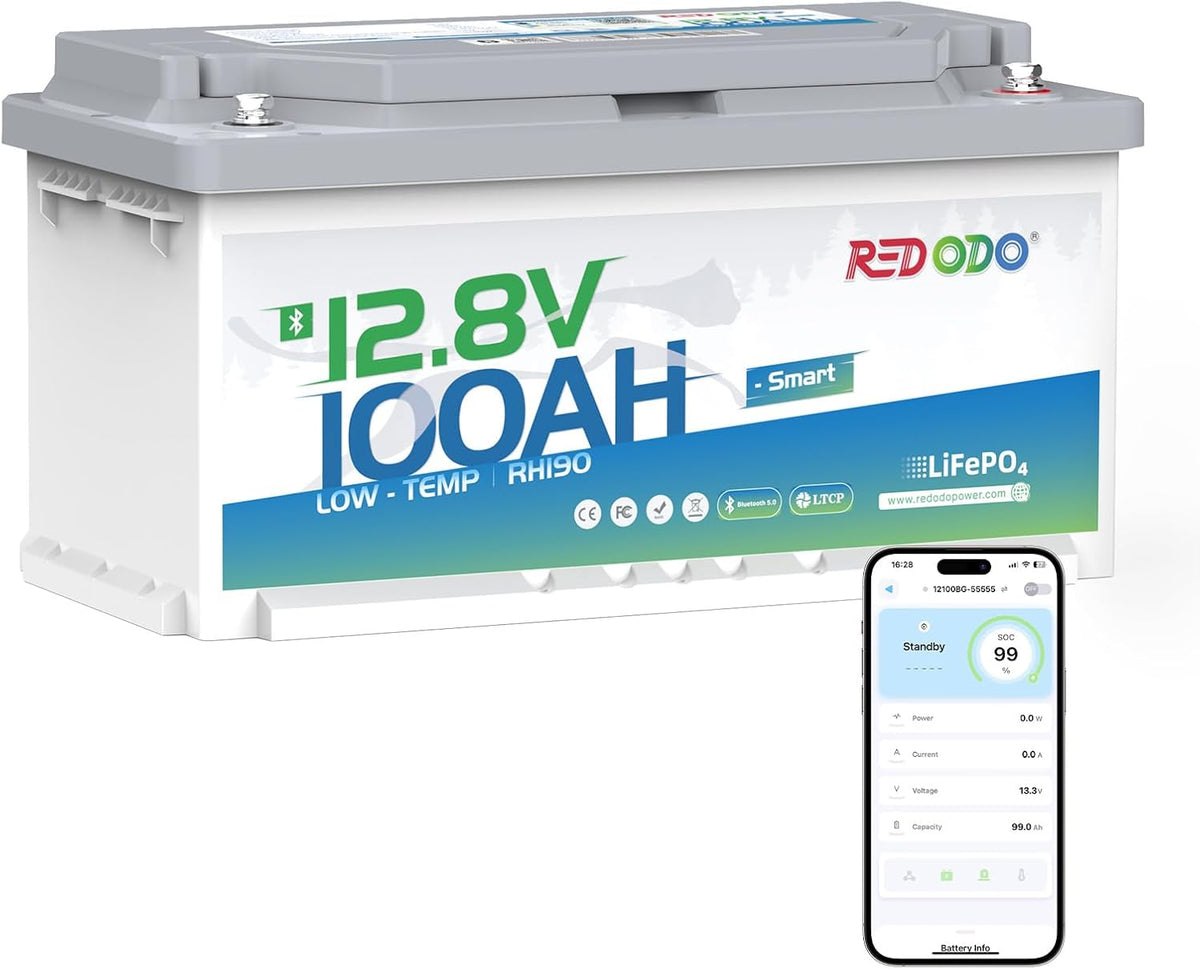 Redodo batterie, 12 V, 100 Ah, 1280 Wh, 188 mm, Blanc/Gris