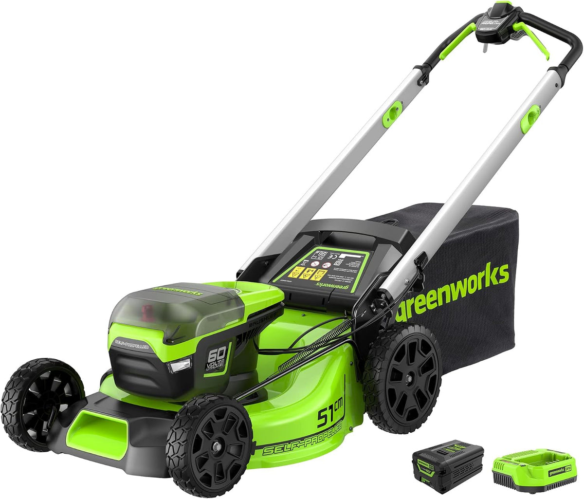 Greenworks tondeuse à gazon, 60 V, 51 cm, 85 mm, 60 litres, 4 Ah, Vert/Noir