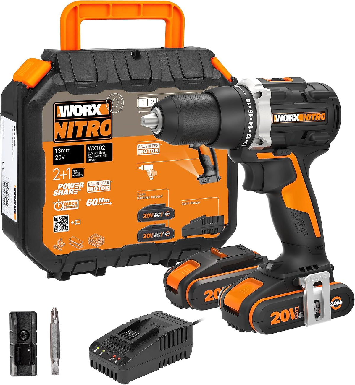 WORX perceuse-visseuse, 20 V MAX, 20 V, Noir/Orange, Brushless 60 Nm WX102