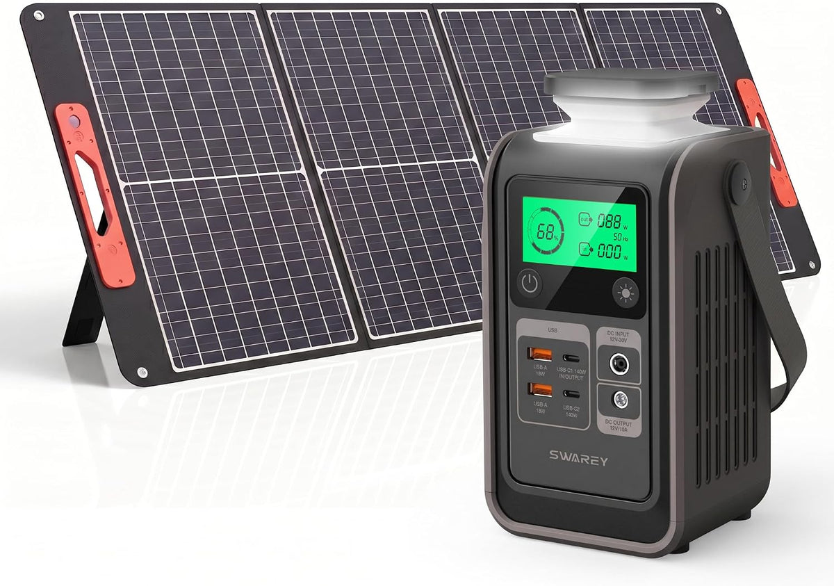 SWAREY groupe électrogène, 192 Wh, 100 W, 140 W, 120 W, Gris/Noir, Kit Énergie Solaire Portable, Générateur + Panneau Solaire Pliable