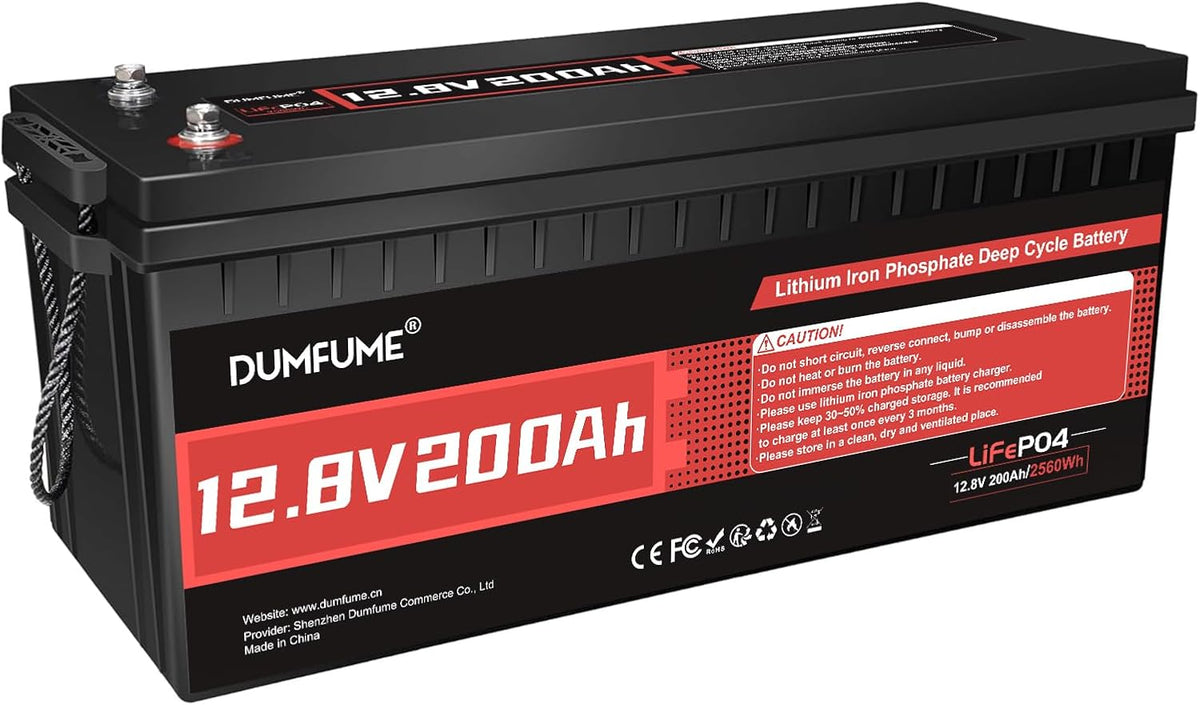 dumfume batterie, 12 V, 200 Ah, 2560 Wh, Noir/Rouge, Lithium LiFePO4, BMS 200A Intégré, Haute Capacité Longue Durée de Vie Solaire pour Camping-Car